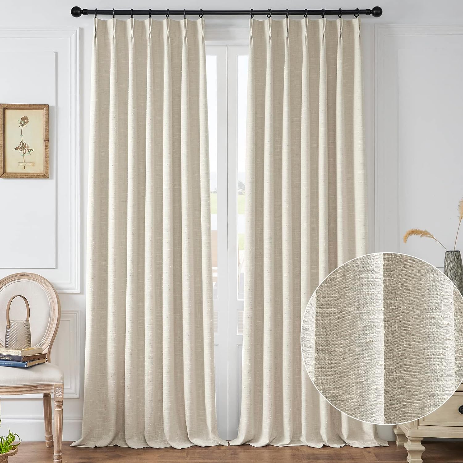 Maison Colette Cortina de lino natural transparente de 95 pulgadas de largo, con pestaña trasera, a rayas, cortinas de gasa transparente para