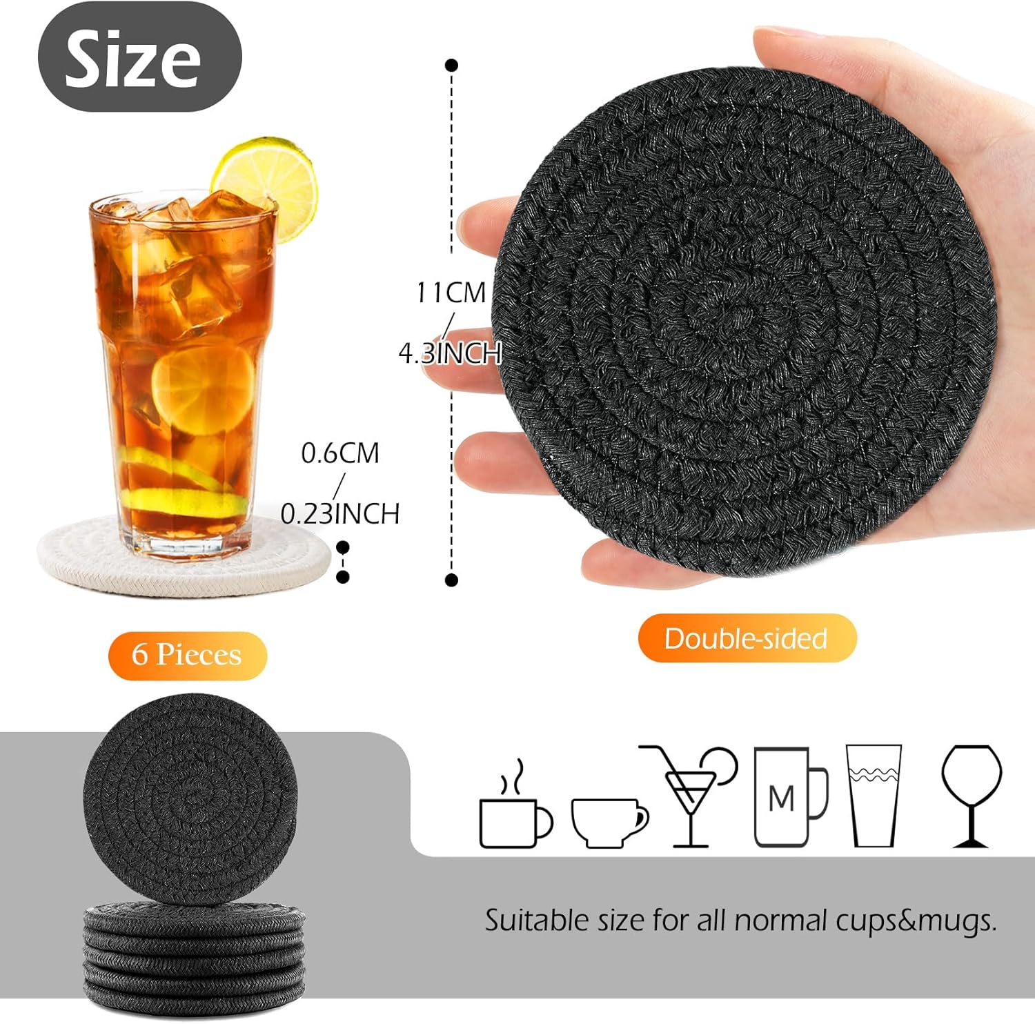 GeeRic Juego de 6 posavasos de bar para bebidas, hecho a mano, trenzados, tejidos, para bebidas, posavasos antideslizantes de 4.3 pulgadas, color