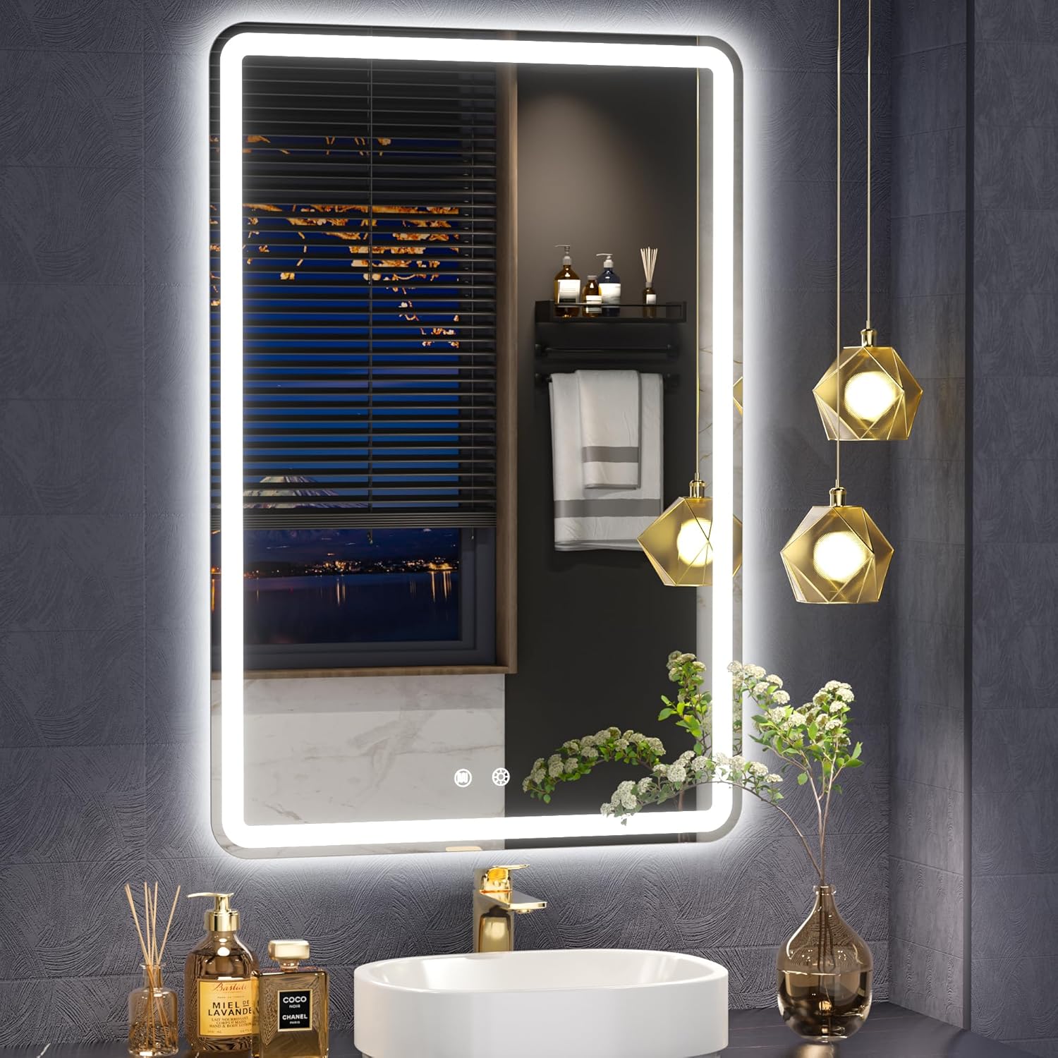 Vosuja Espejo de baño LED de 20 x 28 pulgadas, rectángulo redondeado, sin marco, 3 colores iluminados y regulables, espejo de tocador con luces,