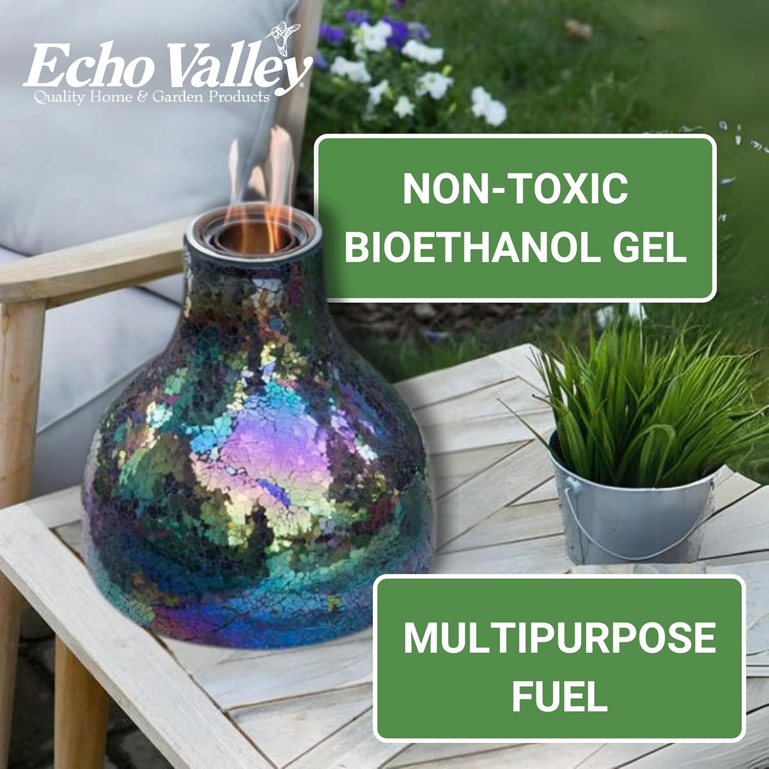 Echo Valley 93100P12 EchoFlame Gel Fuel para chimeneas de acento al aire libre en un patio, césped o jardín