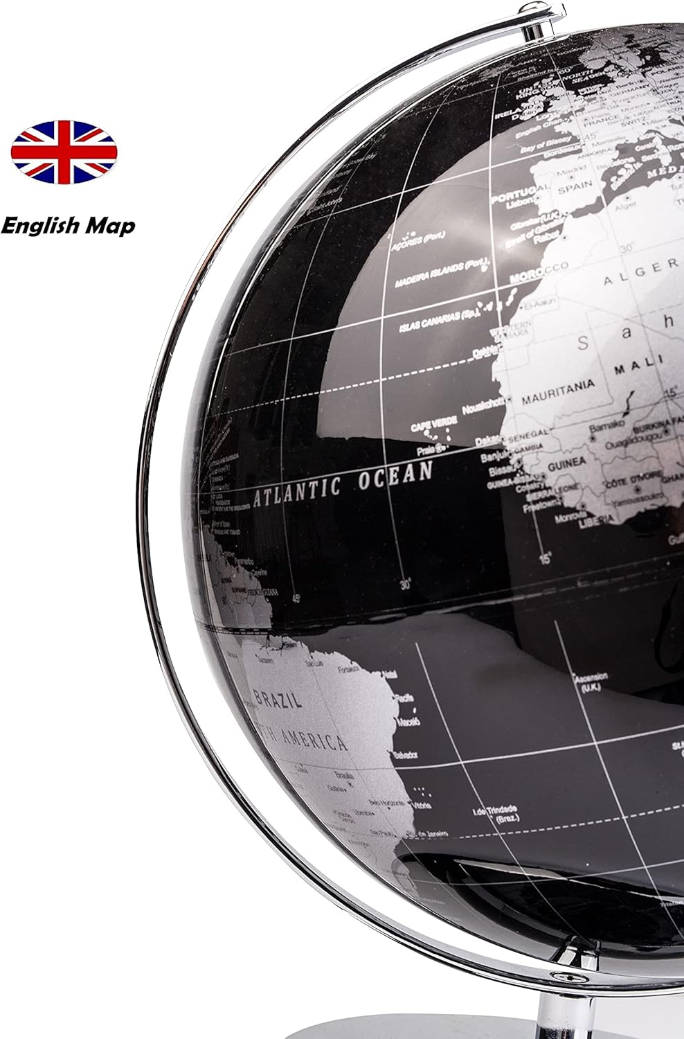 Exerz Globo del mundo de 10 pulgadas, arco y base de acero inoxidable, decoración educativageográficamoderna de escritorio, color negro metálico