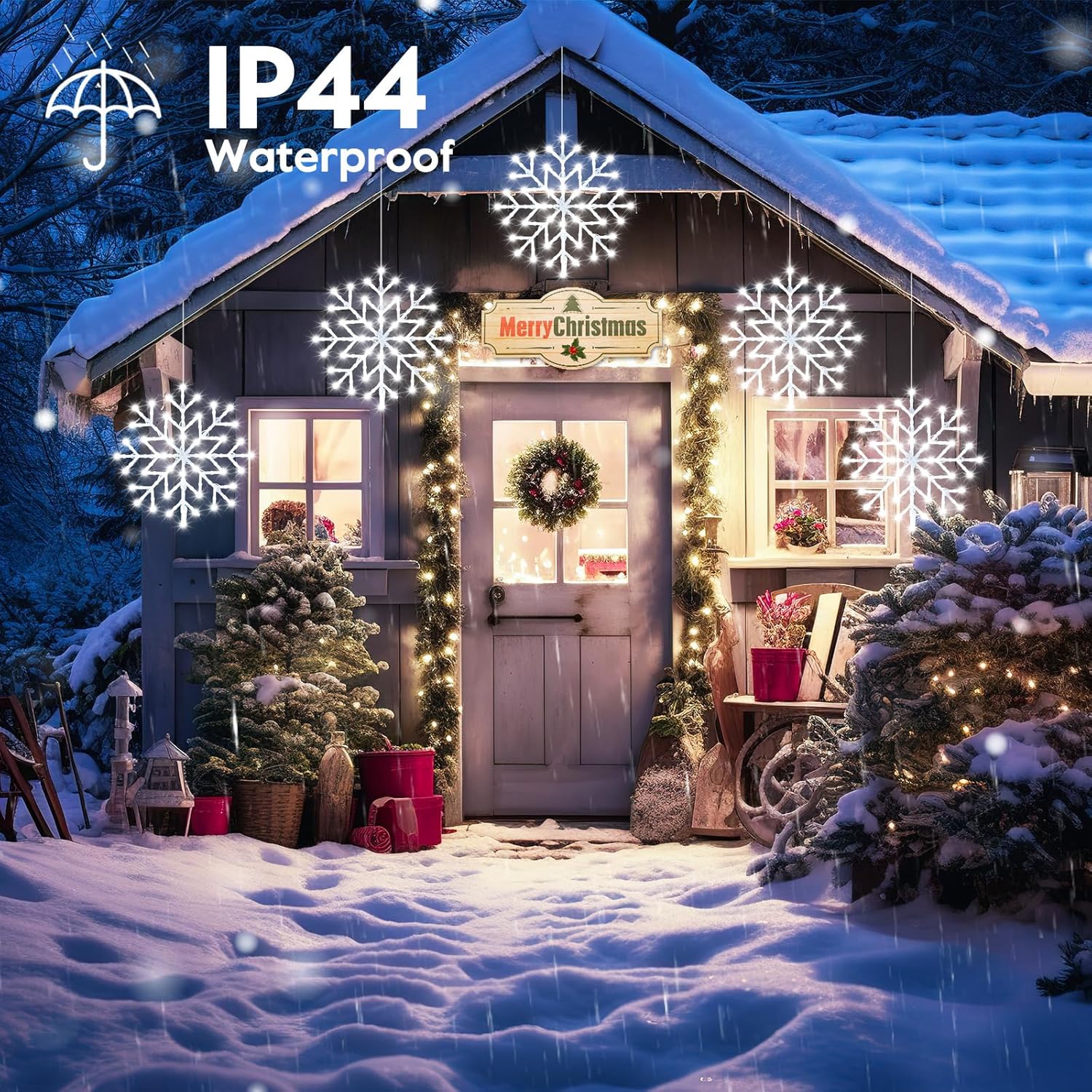 Luces de copo de nieve de Navidad para exteriores, enchufables de 23.6 pies, 10 gotas, 480 luces LED de ventana de copo de nieve, conectables para