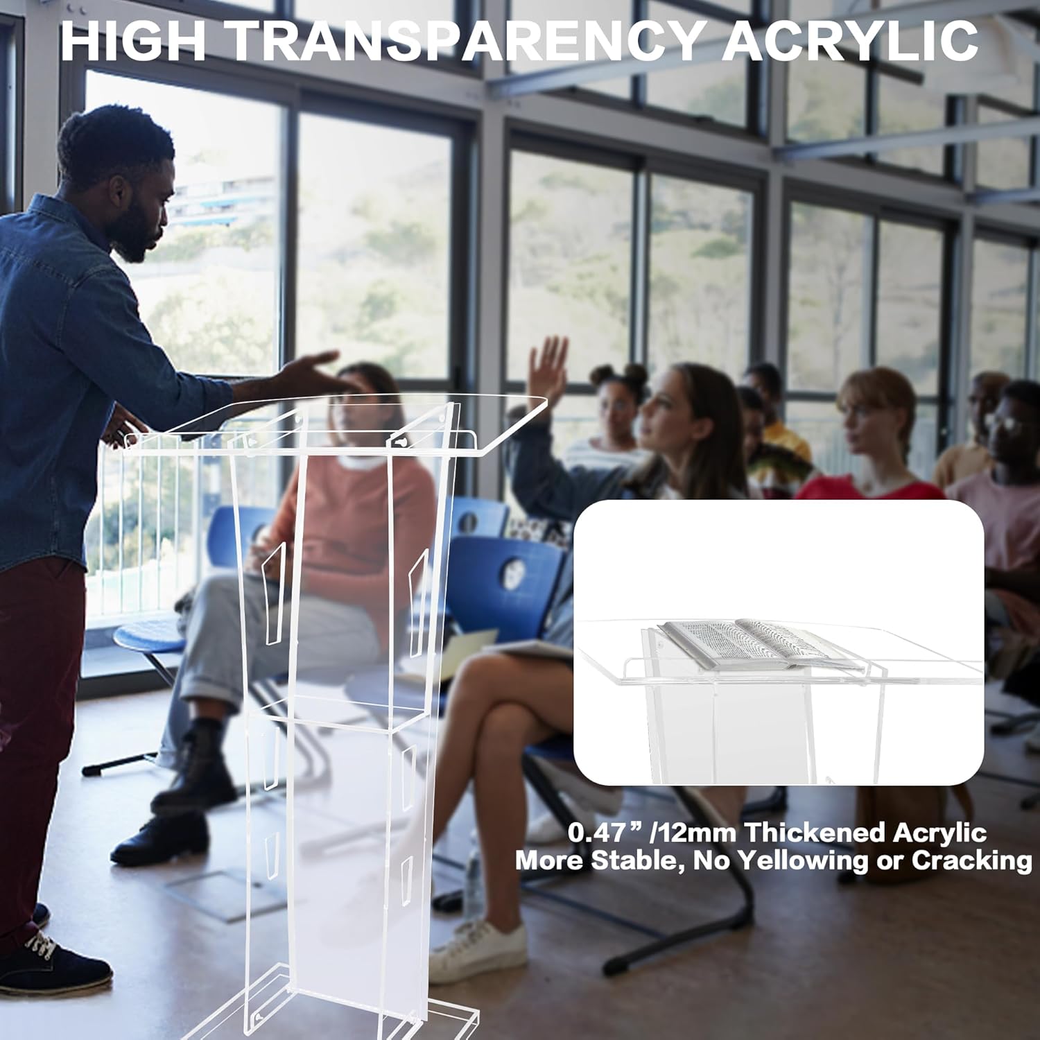 Soporte de acrílico con luces, púlpitos transparentes de 43 pulgadas para iglesias con gran plataforma de lectura, podios de presentación
