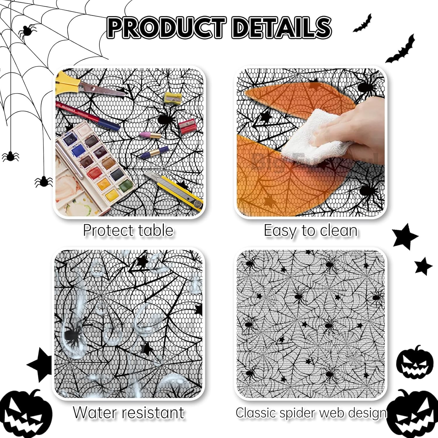 3 manteles de tela de araña de Halloween, de plástico, rectangular, desechable, color negro, con diseño de murciélago aterrador, para suministros de