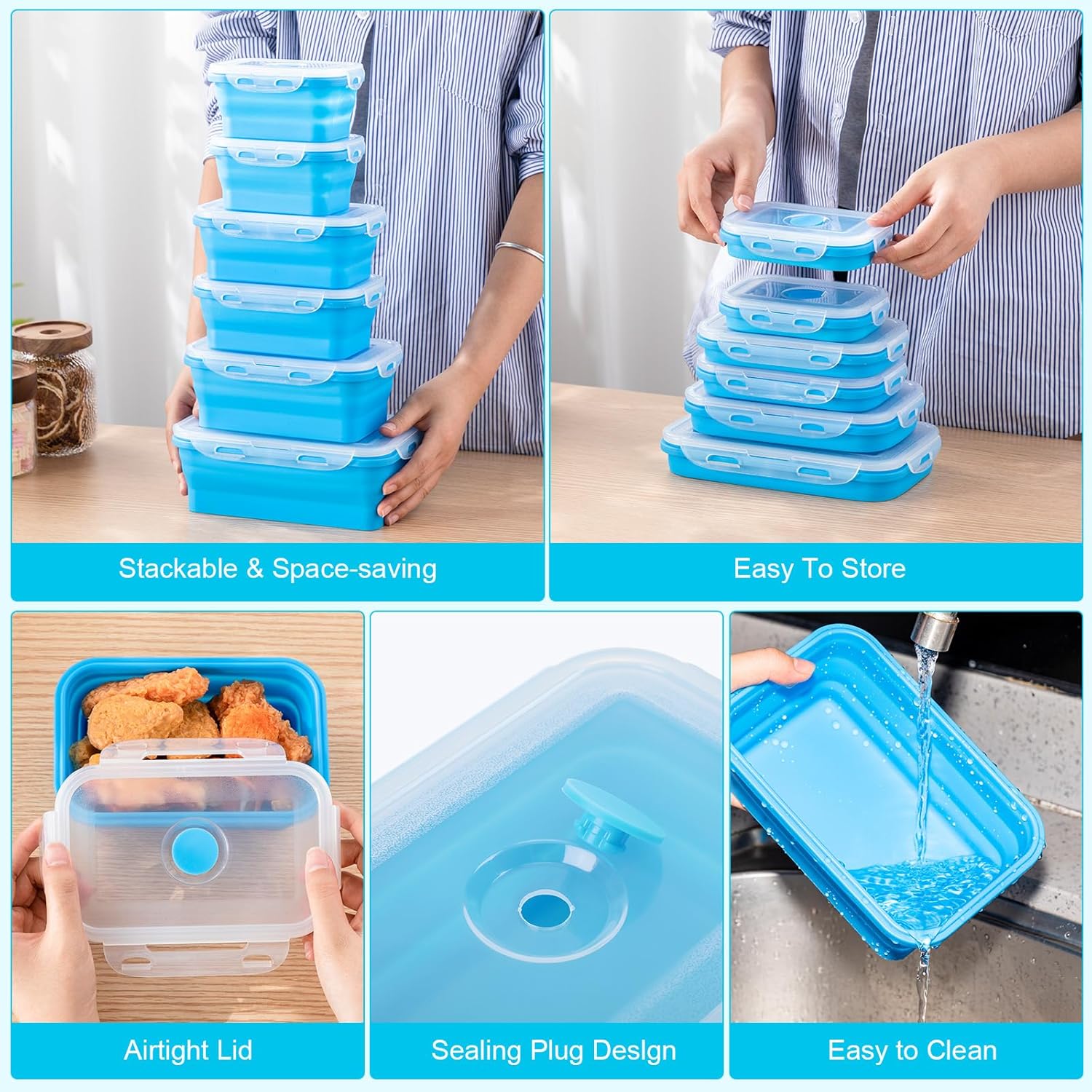 Dandat 12 recipientes plegables de silicona para almacenamiento de alimentos, contenedores plegables de silicona para el almuerzo, 6 rectangulares y