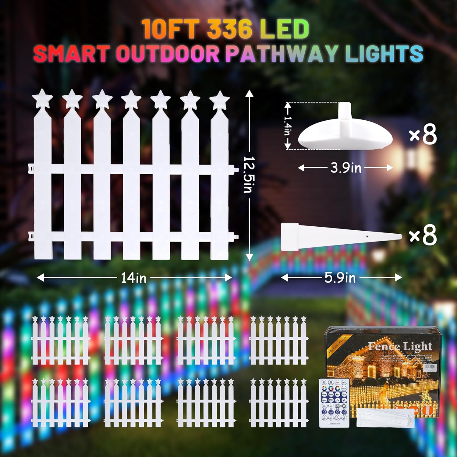 Paquete de 8 decoraciones inteligentes para valla de árbol de Navidad, luces de camino de Navidad al aire libre, 288 LED, luces RGB de bajo voltaje