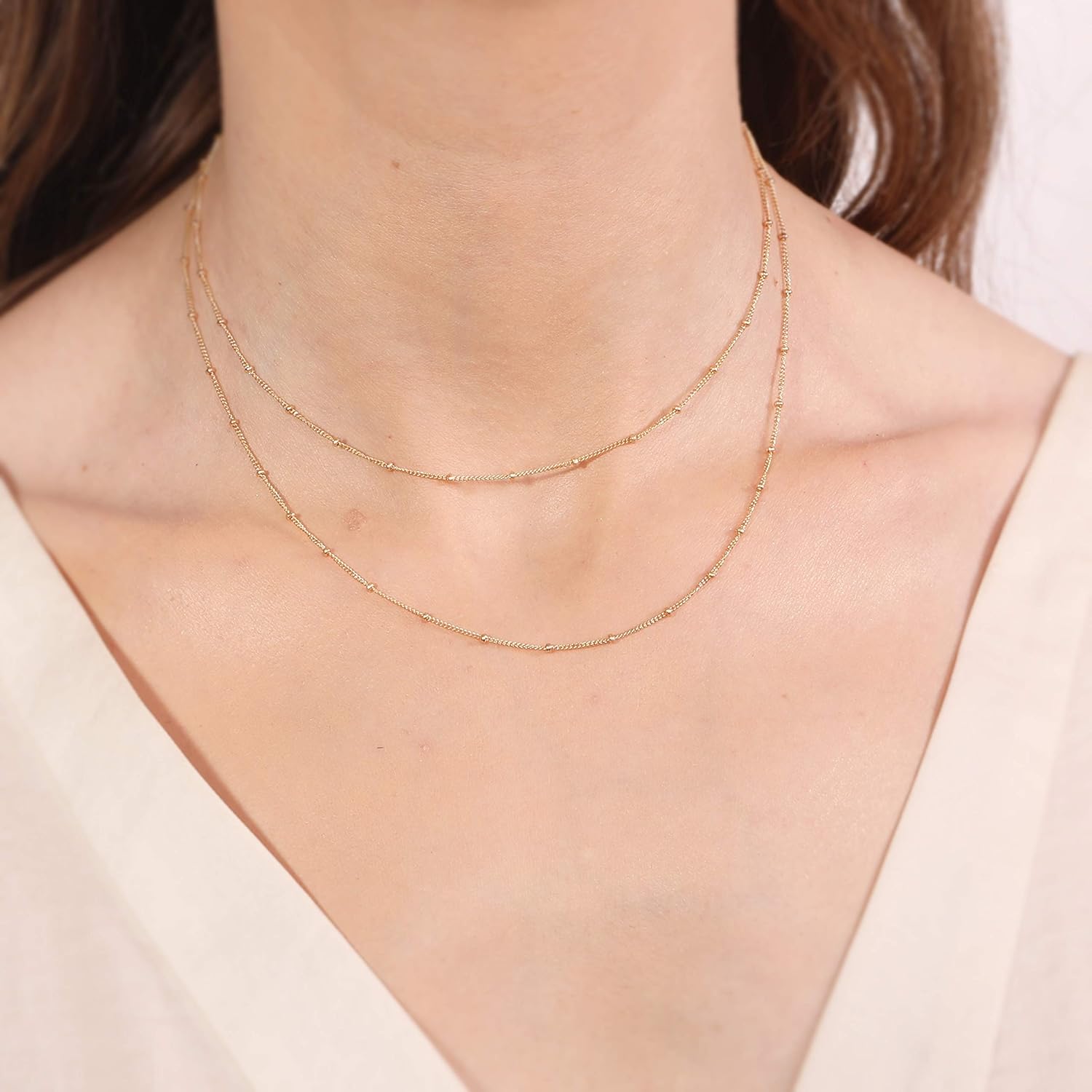 Dainty Double Chain Layered Necklace Women Choker Satellite Handmade Gold Jewelry 16″+extension
