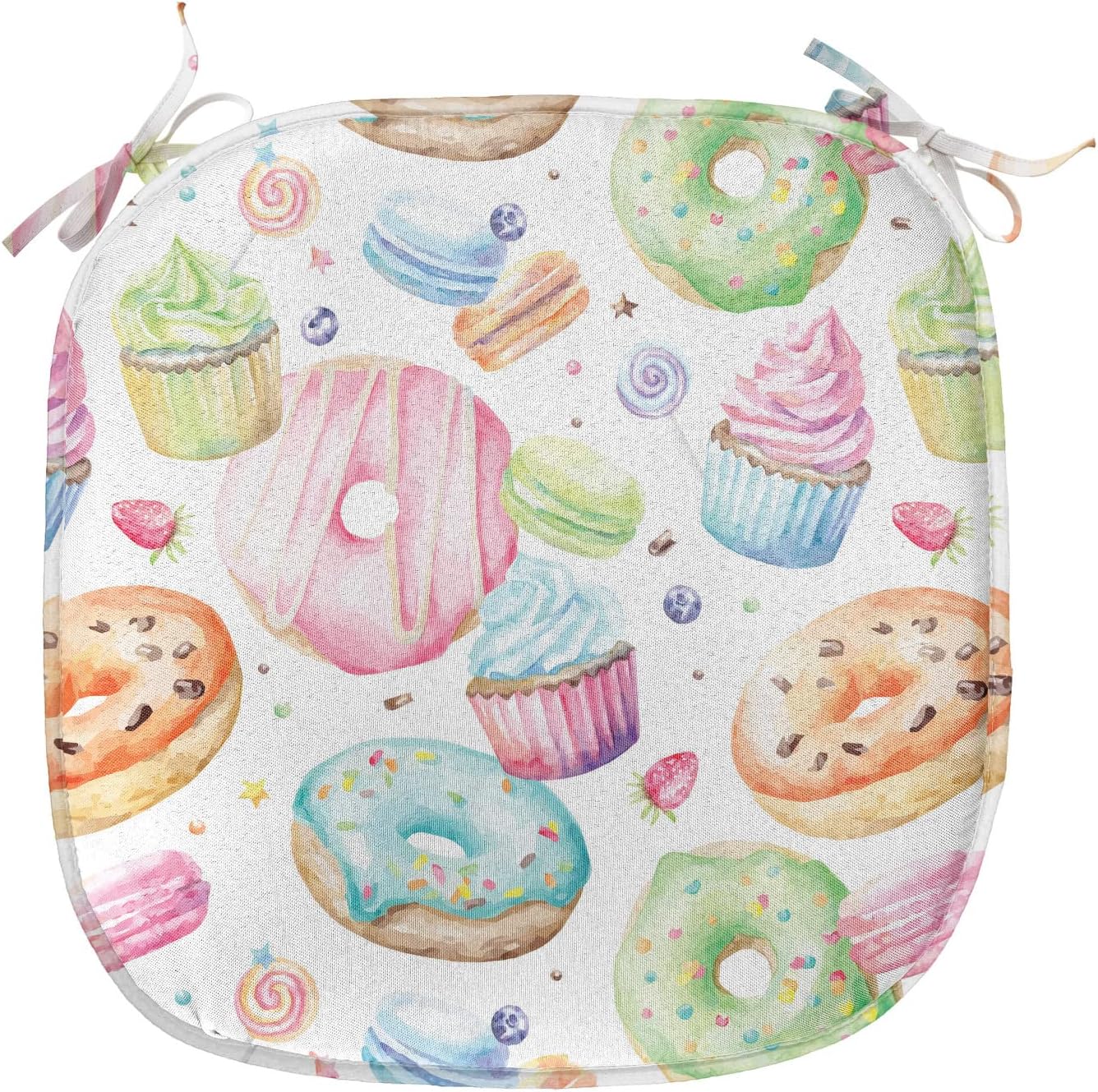 Lunarable Sweets – Juego de 4 cojines de asiento para silla, deliciosos cupcakes de macarrón, donas, muffins, azúcar, sabroso y delicioso diseño de