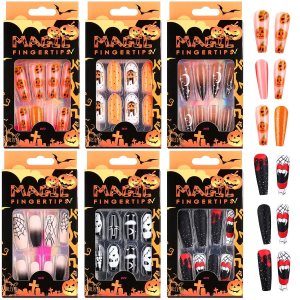 144 uñas postizas de Halloween, uñas postizas cortas a presión, uñas postizas de Halloween, pegamento con pestaña de pegamento de uñas, puntas de 144 uñas postizas de Halloween, uñas postizas cortas a presión, uñas postizas de Halloween, pegamento con pestaña de pegamento de uñas, puntas de