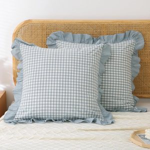 Juego de 2 fundas de almohada europeas a cuadros azules y blancos, fundas de almohada con volantes, fundas de almohada de algodón lavado a cuadros Juego de 2 fundas de almohada europeas a cuadros azules y blancos, fundas de almohada con volantes, fundas de almohada de algodón lavado a cuadros