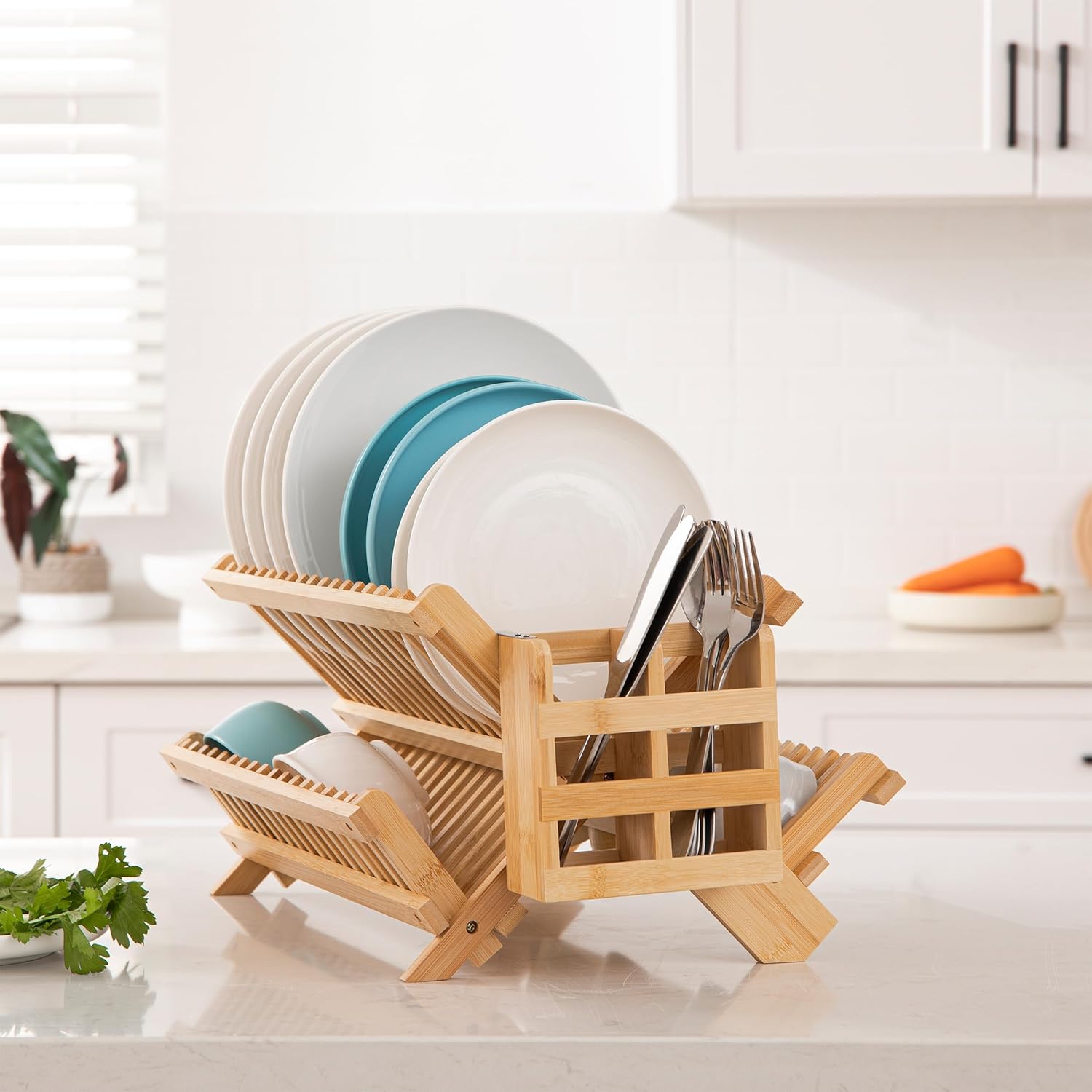HBlife Escurridor de platos de bambú con soporte para cubiertos de utensilios, soporte de secado plegable grande de 3 niveles para encimera de