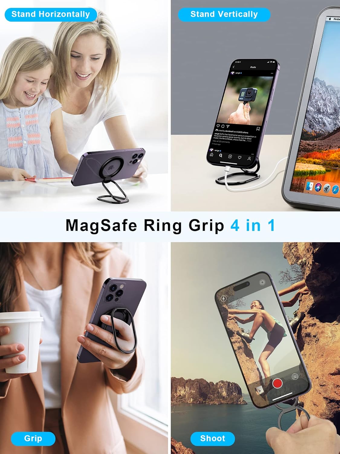 Actualizado 2024 Soporte para anillo de teléfono seguro Mag, soporte magnético ajustable SUPERONE y agarre extraíble para teléfono compatible con