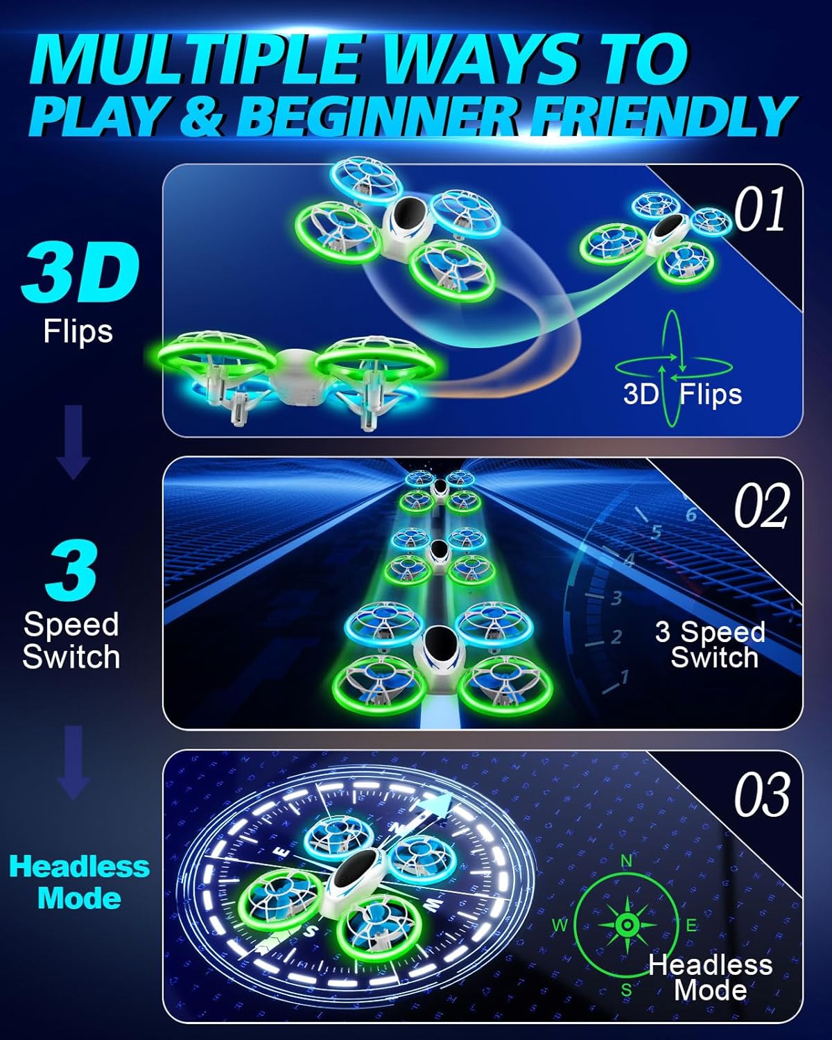 Mini dron para niños, dron de control remoto para principiantes con modo sin cabeza, pequeño dron RC para niños con protección completa de hélice, 3