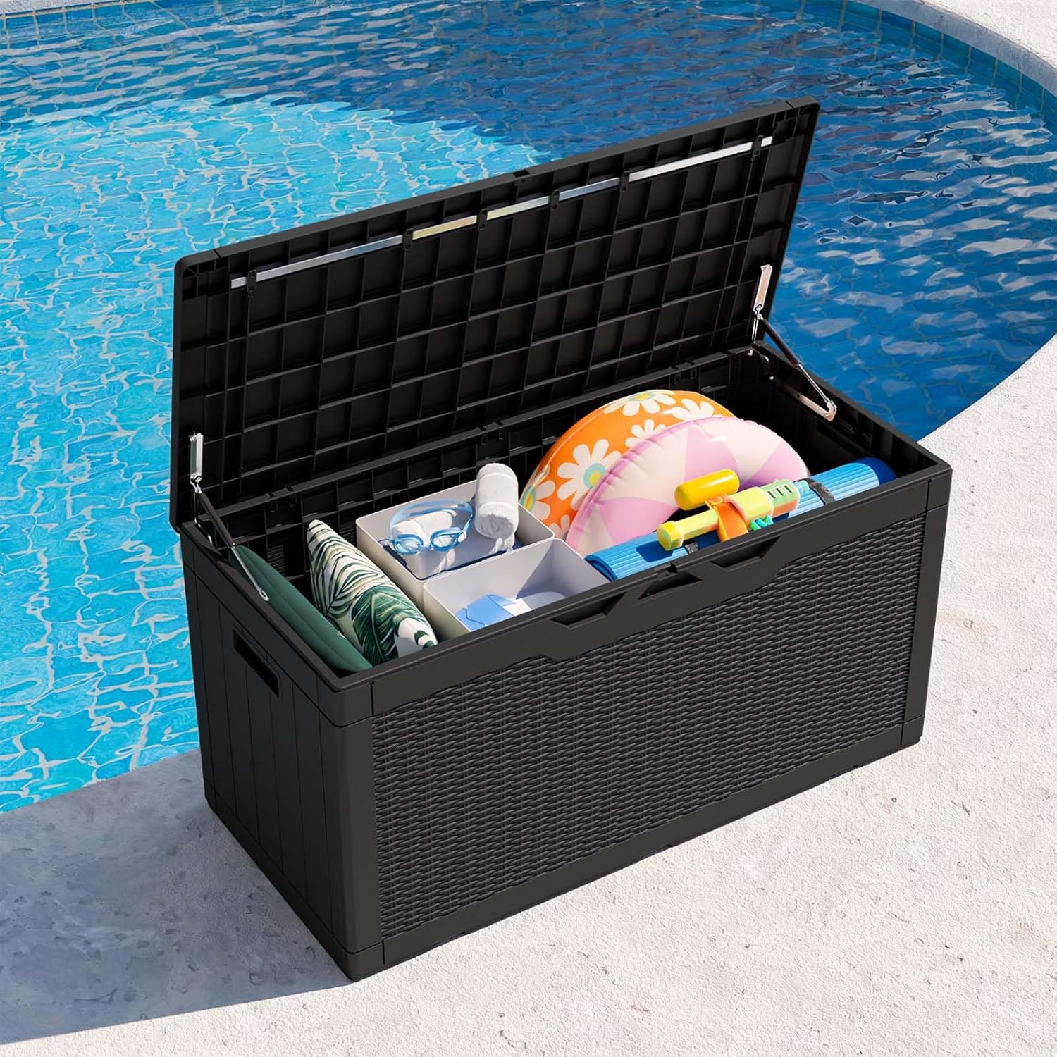 Patiowell Caja de cubierta de resina de 100 galones, caja de almacenamiento grande impermeable para exteriores con candado para muebles de patio,