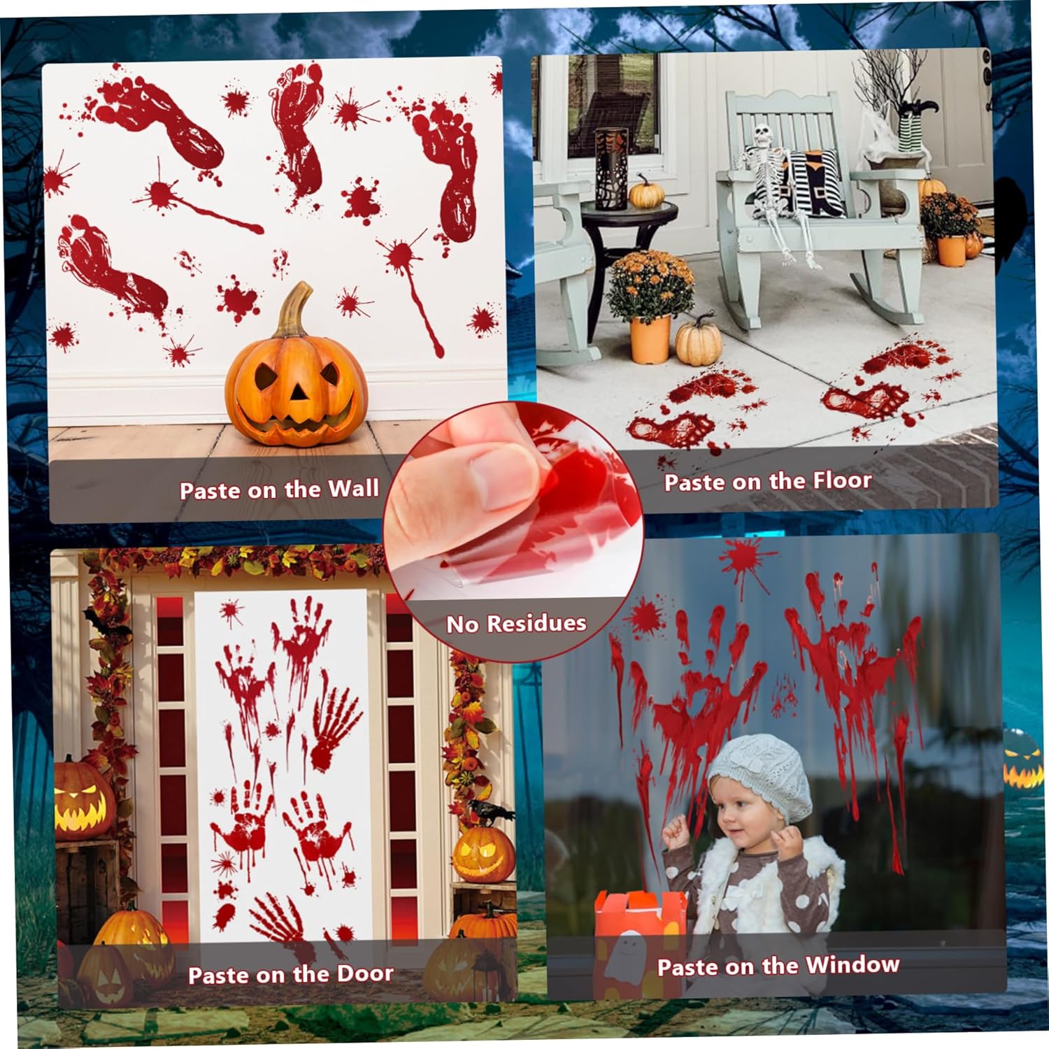 Calcomanías de Halloween para ventana, 6 hojas de calcomanías de huellas de manos sangrientas, calcomanías realistas de zombi, calcomanías