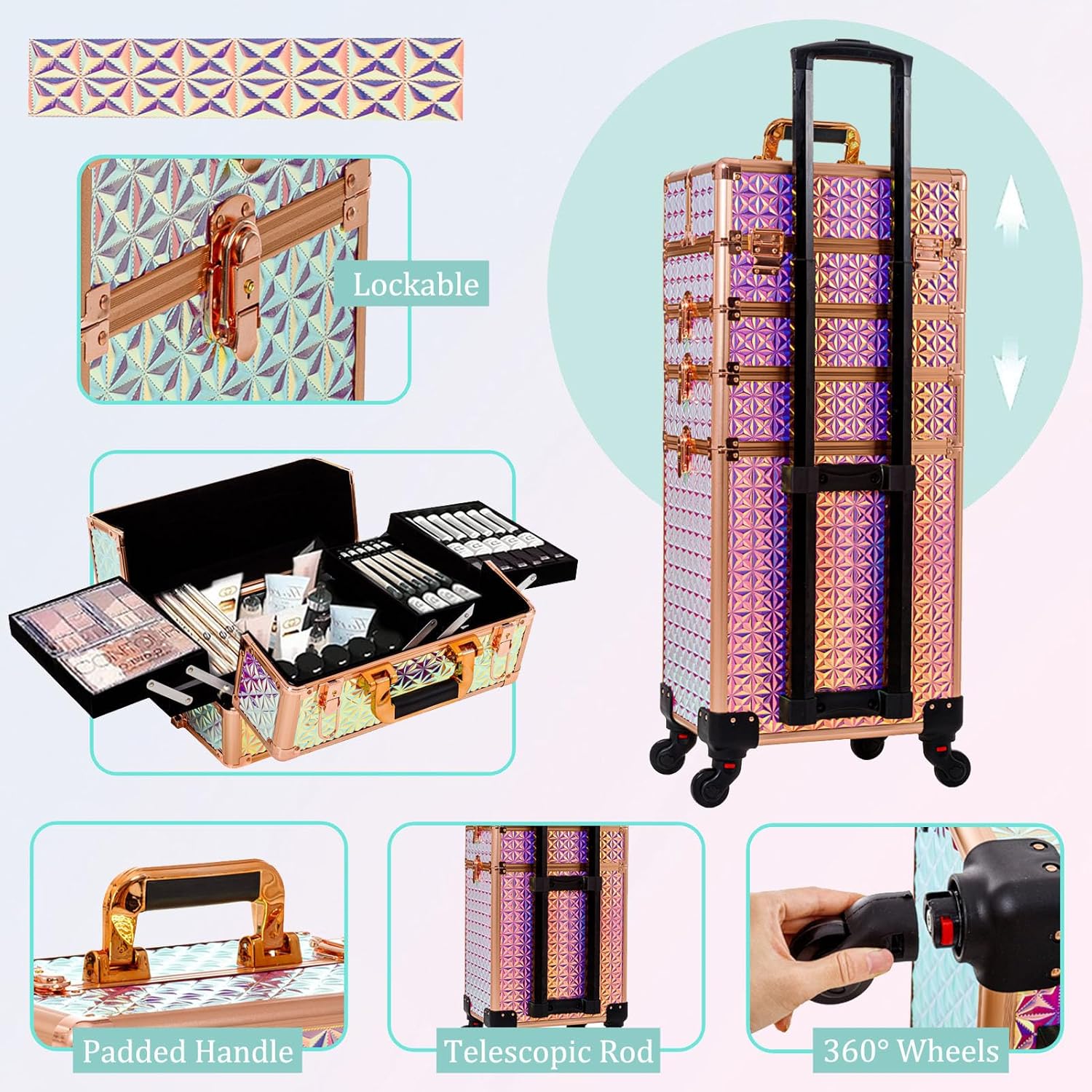 Estuche de maquillaje profesional 5 en 1, estuche de aluminio para cosméticos, estuche de maquillaje con ruedas giratorias de 360 , Con color,