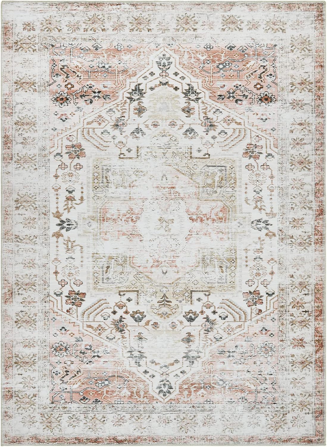GlowSol Alfombra de área grande de 9 x 12 pies, lavable, estilo bohemio, alfombra vintage con estampado floral, suave, envejecida, plegable,