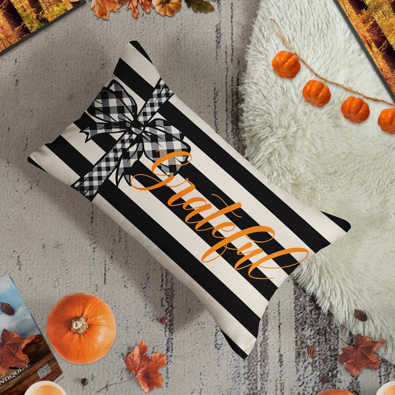Funda de almohada de otoño con lazo a rayas blancas y negras, decoración de casa de campo, rectangular, de lino, para el hogar, 12 x 20 pulgadas