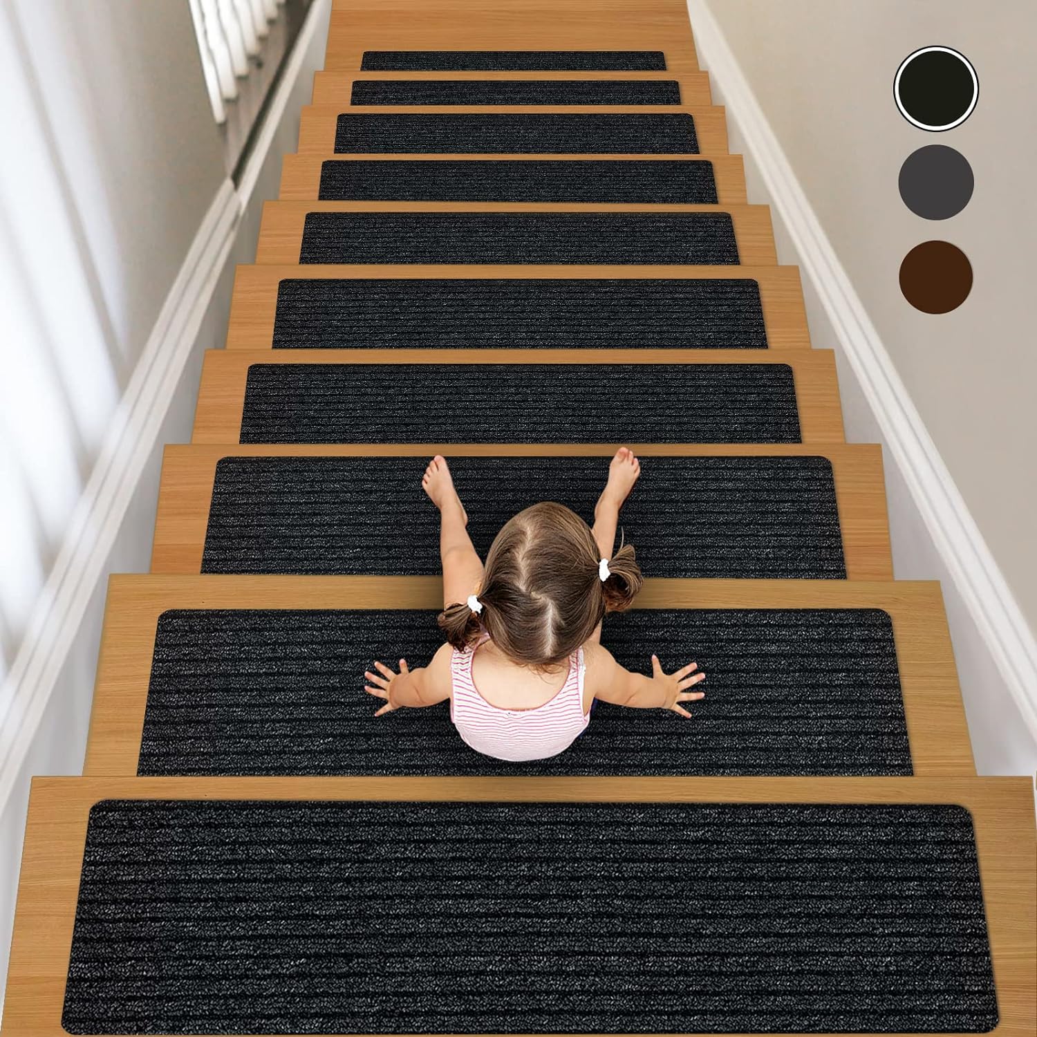 Lacut Alfombra antideslizante para escaleras, 7.8 x 30 pulgadas (paquete de 7), alfombra antideslizante para interiores y exteriores, color negro,