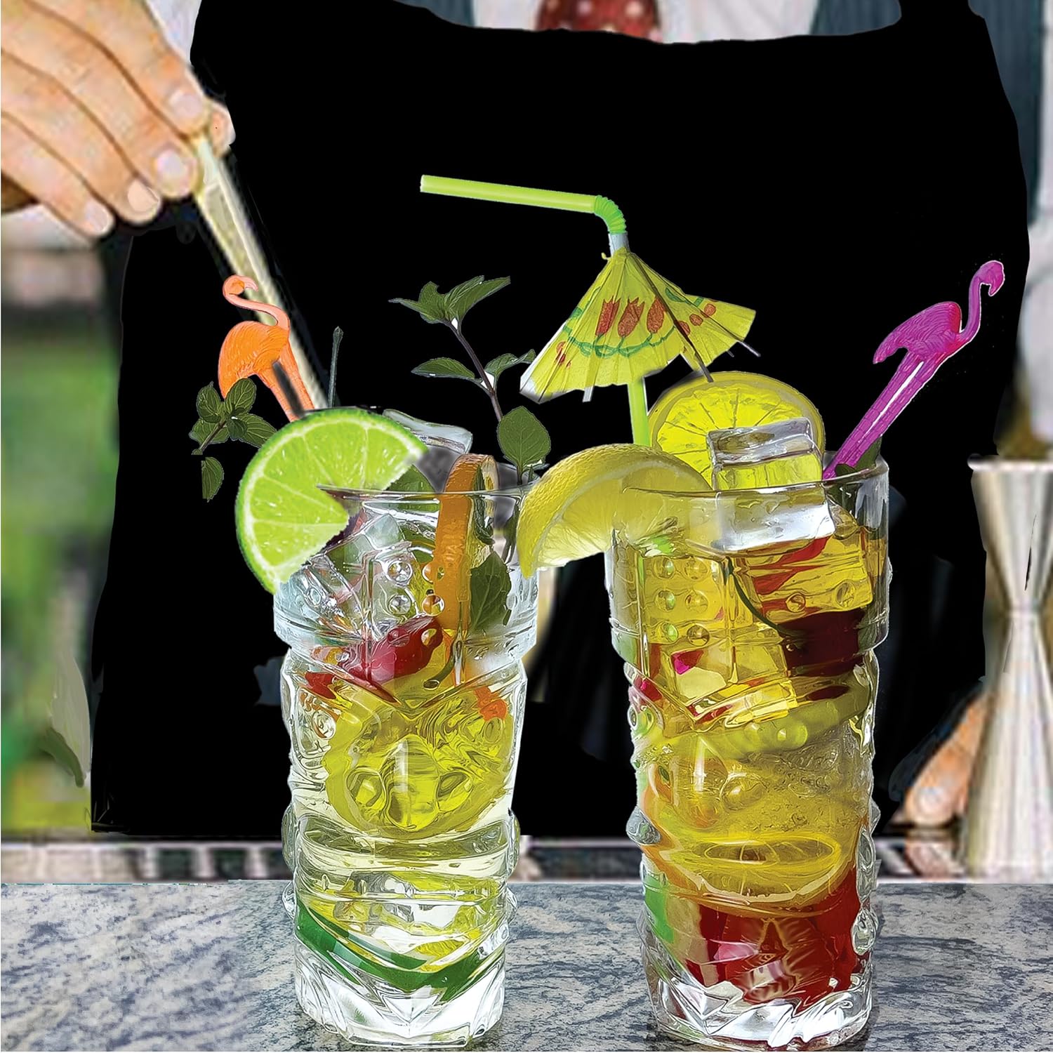 Lily’s Home Juego de 4 vasos Tiki  Ideal para cócteles exóticos, Highball  Juego único de vasos Tiki Bar y Bar de cocina, juego de vasos de vidrio y