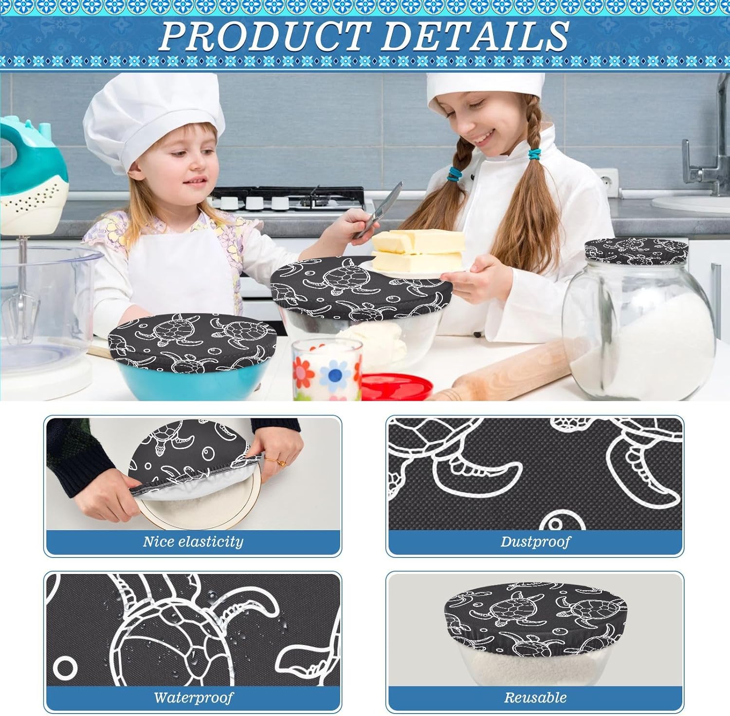 Turtles 5PCS Reusable Elastic Bowl Covers for Food Storage Stretch Cloth Fabric Lids with 5 Different Sizes Waterproof Bowl Covers for Food Fruits