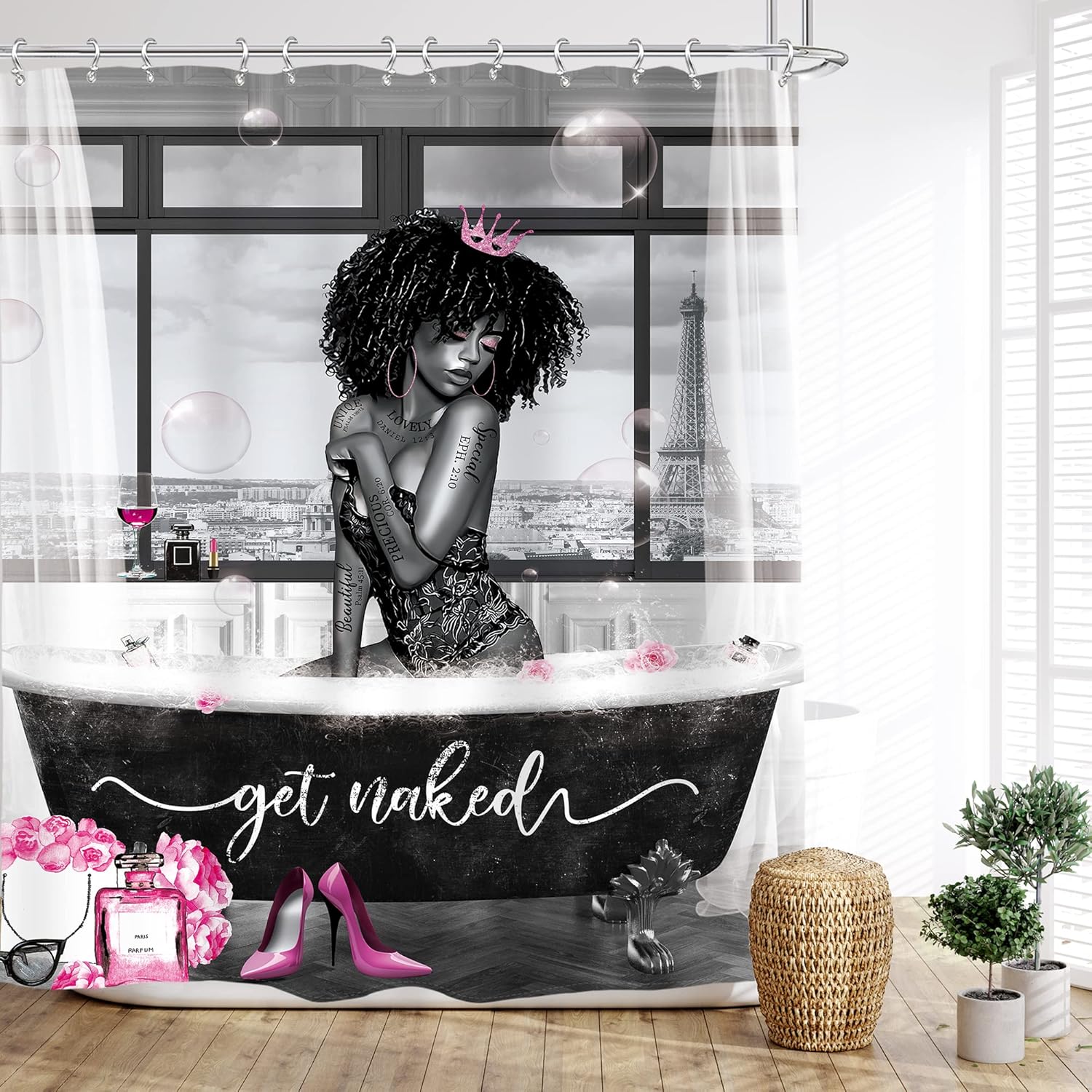 Glawry Cortina de ducha con texto en inglés Get Naked Afro Lady, Get Naked Afroamericana, Afroamericana, romántica escritura, color rosa, tacones