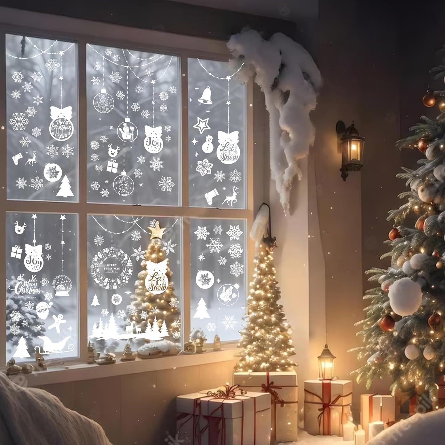 Pegatinas de Navidad para ventanas de nieve, calcomanías para decoración de ventanas de vidrio, decoraciones de Navidad, copos de nieve, Santa