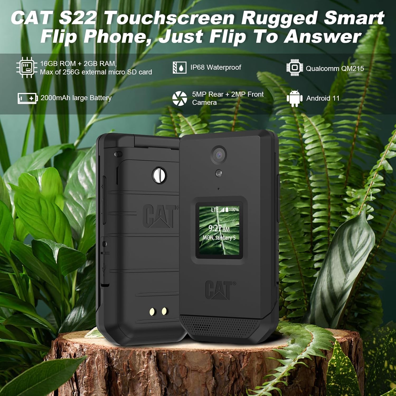 CAT S22 – Teléfono con tapa resistente (16 GB) 2.8 pulgadas, pantalla táctil, teléfono celular inteligente Android 11, IP68 resistente al agua, 4G