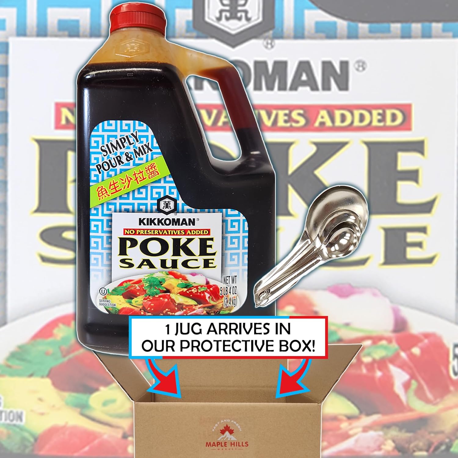 Kikkoman Pour and Mix Poke Sauce – Jarra de 5 libras y 4 onzas con útil juego de cucharas medidoras  sin conservantes añadidos  para Poke Bowls,