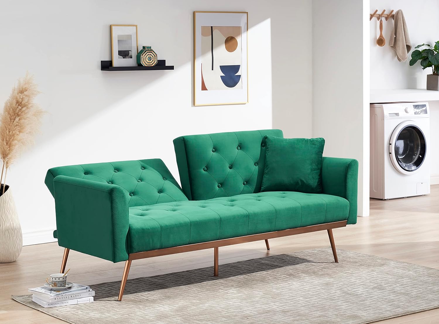 Eafurn Cama convertible con botones, sofá cama tapizado de terciopelo, respaldo ajustable y 5 pies de metal, sofá biplaza futón plegable para sala