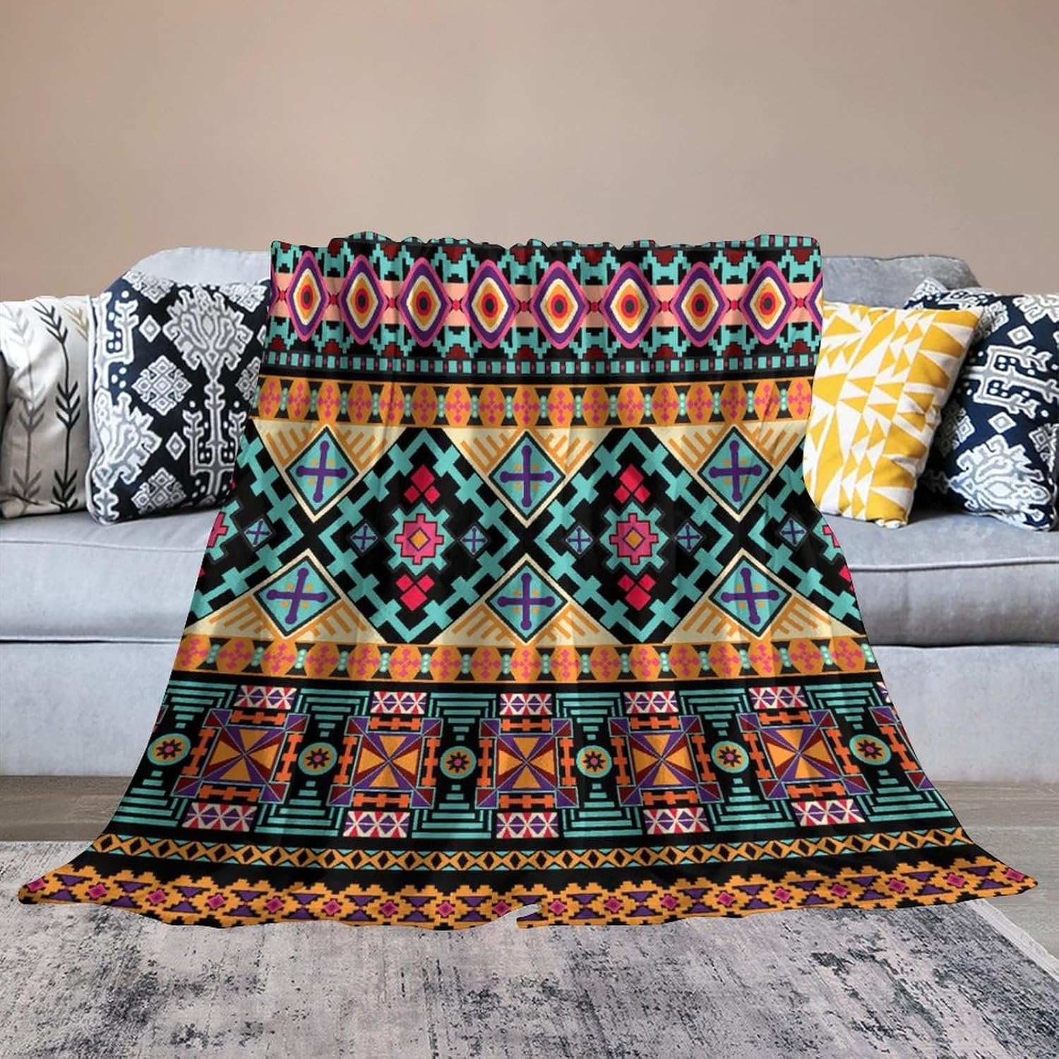 Manta azteca tribal del suroeste, manta de franela súper suave para cama y sofá (franela de 10.32 ozm), 50 x 70 pulgadas