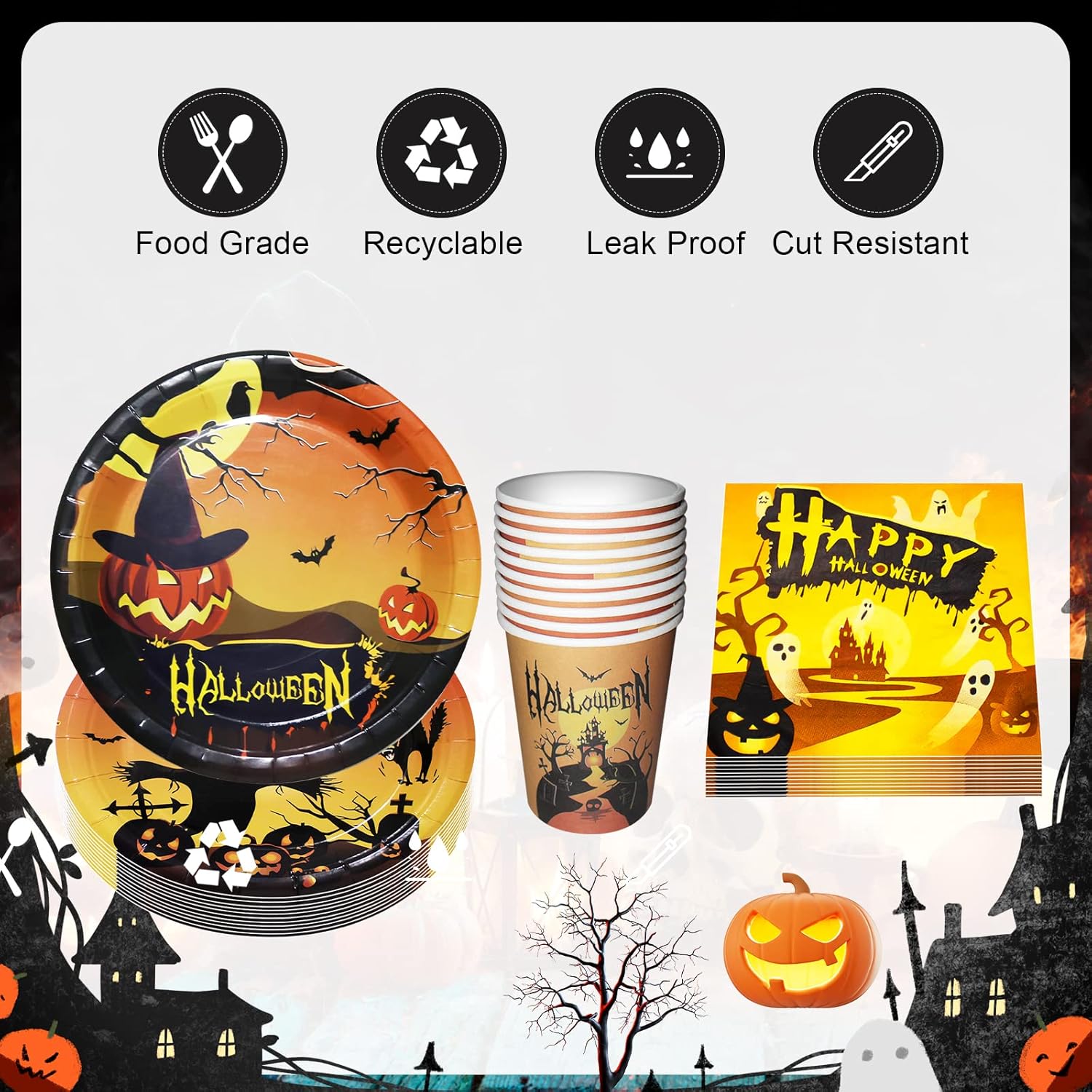 Suministros de fiesta de Halloween, decoraciones de fiesta de Halloween, platos de fiesta de Halloween, servilletas y juegos de tazas para fiesta de