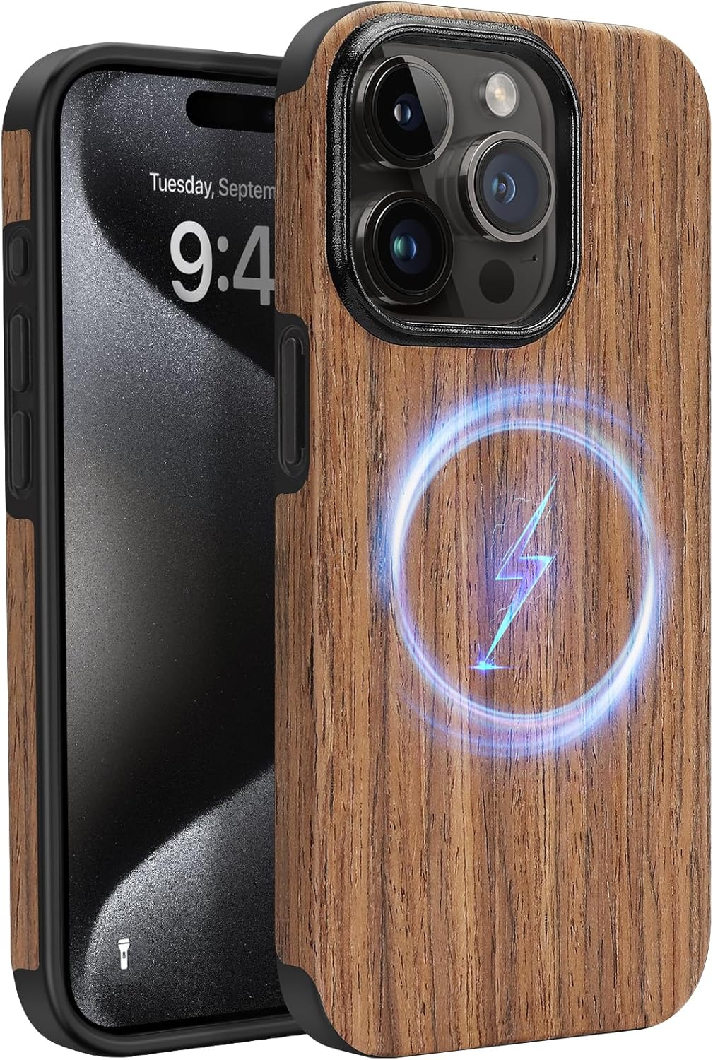 ZZDZZ Funda magnética compatible con iPhone 15 Pro Max compatible con Magsafe diseño de grano de madera TPU híbrida a prueba de golpes (sándalo rojo)