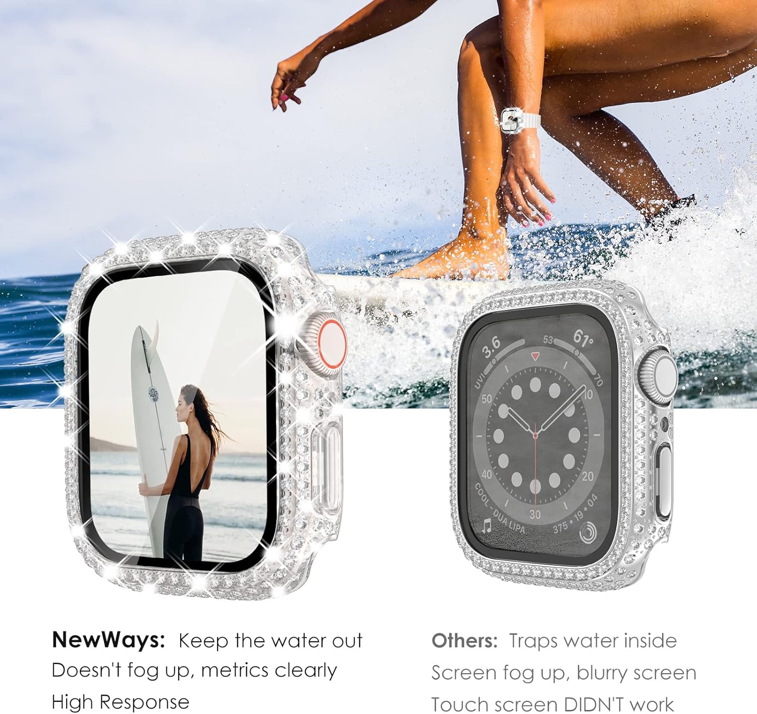 NewWays Paquete de 2 fundas impermeables 2 en 1 para Apple Watch Series 8 y Series 7 de 1.614 in, protector de pantalla con diamantes de imitación