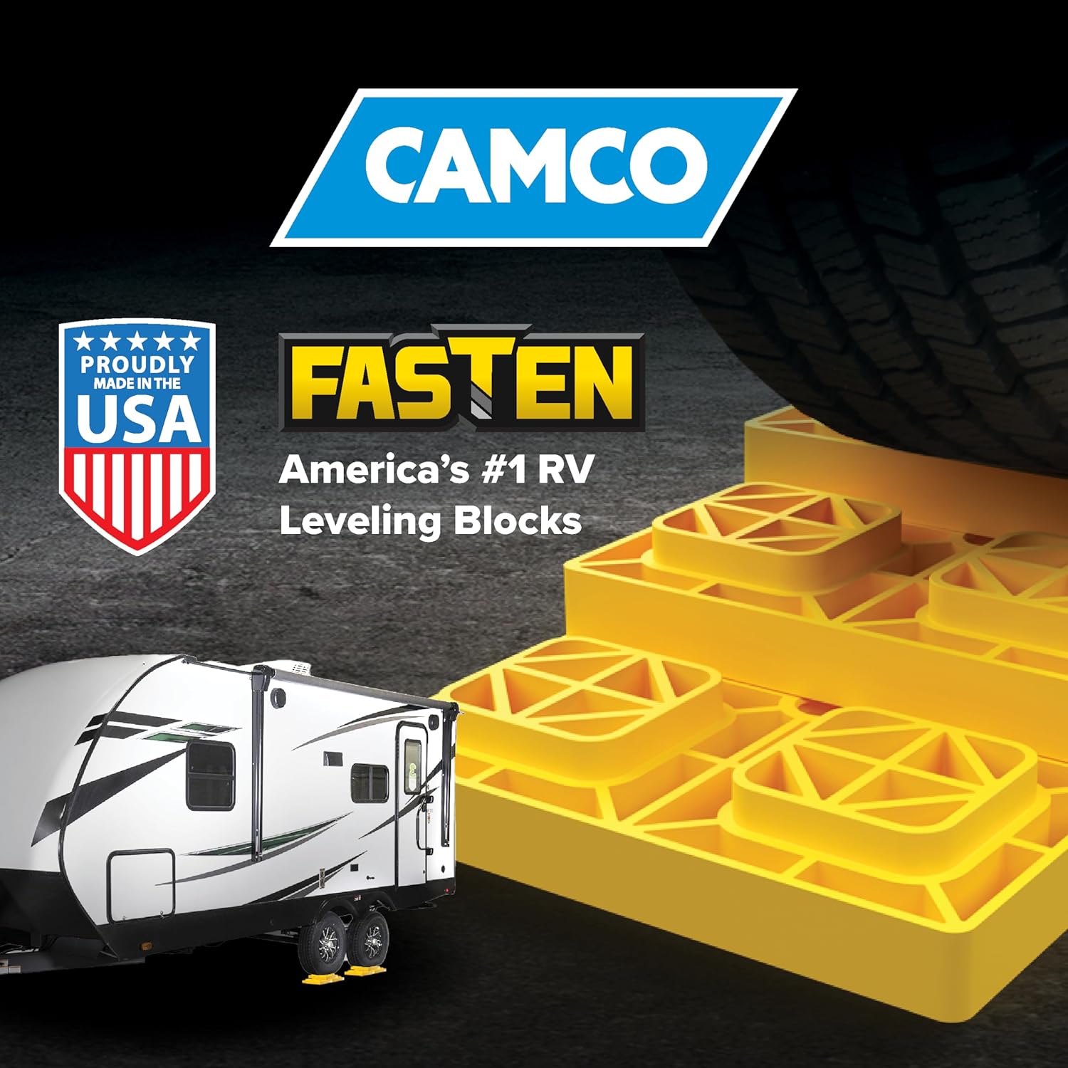 Camco FasTen 21022, bloques de nivelación para cámper y caravana, diseñados con resina resistente a los rayos UV y práctica asa de transporte para