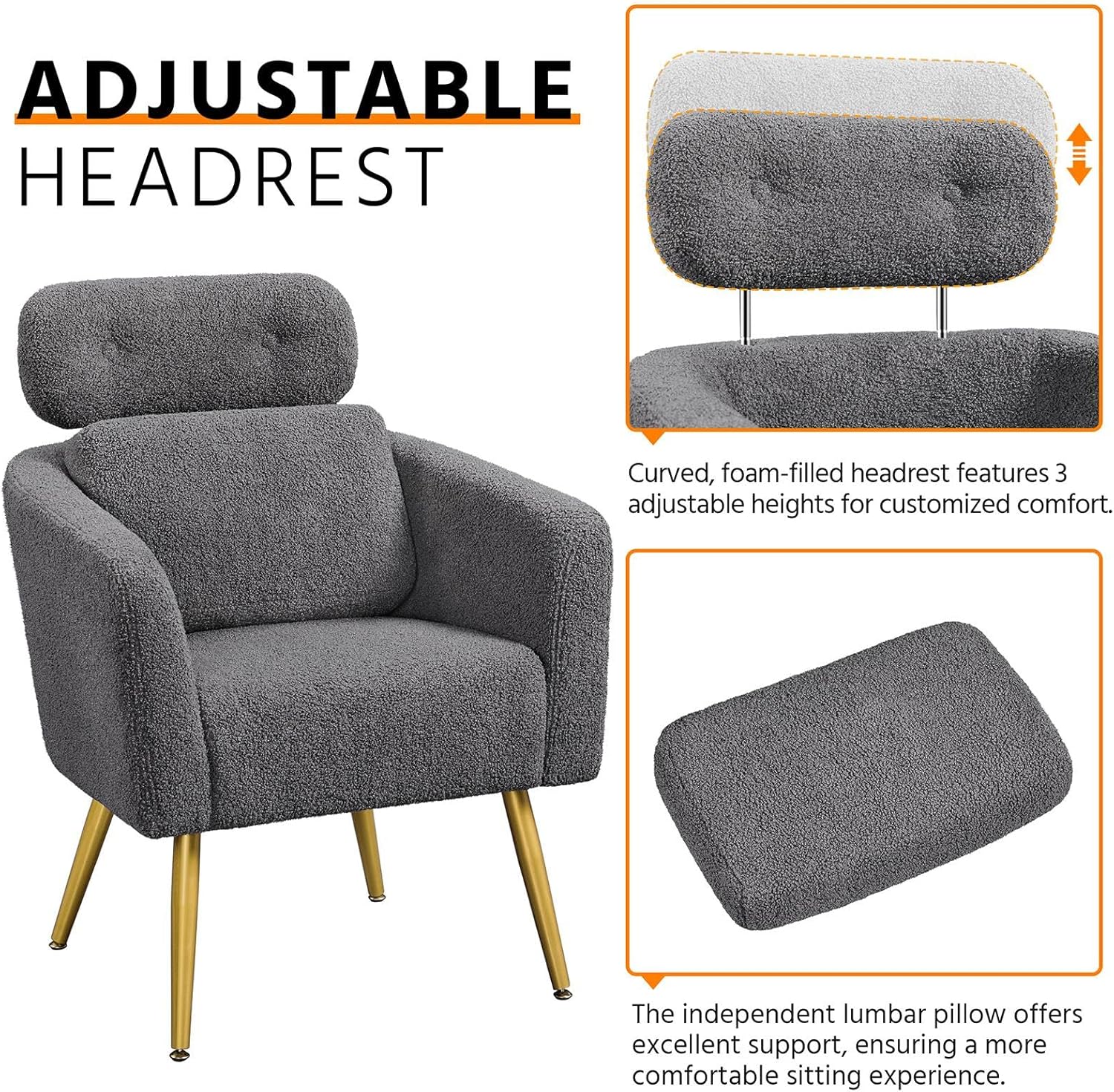Yaheetech Silla decorativa, acogedora silla de sala de estar con reposacabezas ajustable, silla de tocador Boucle con almohada lumbar y patas