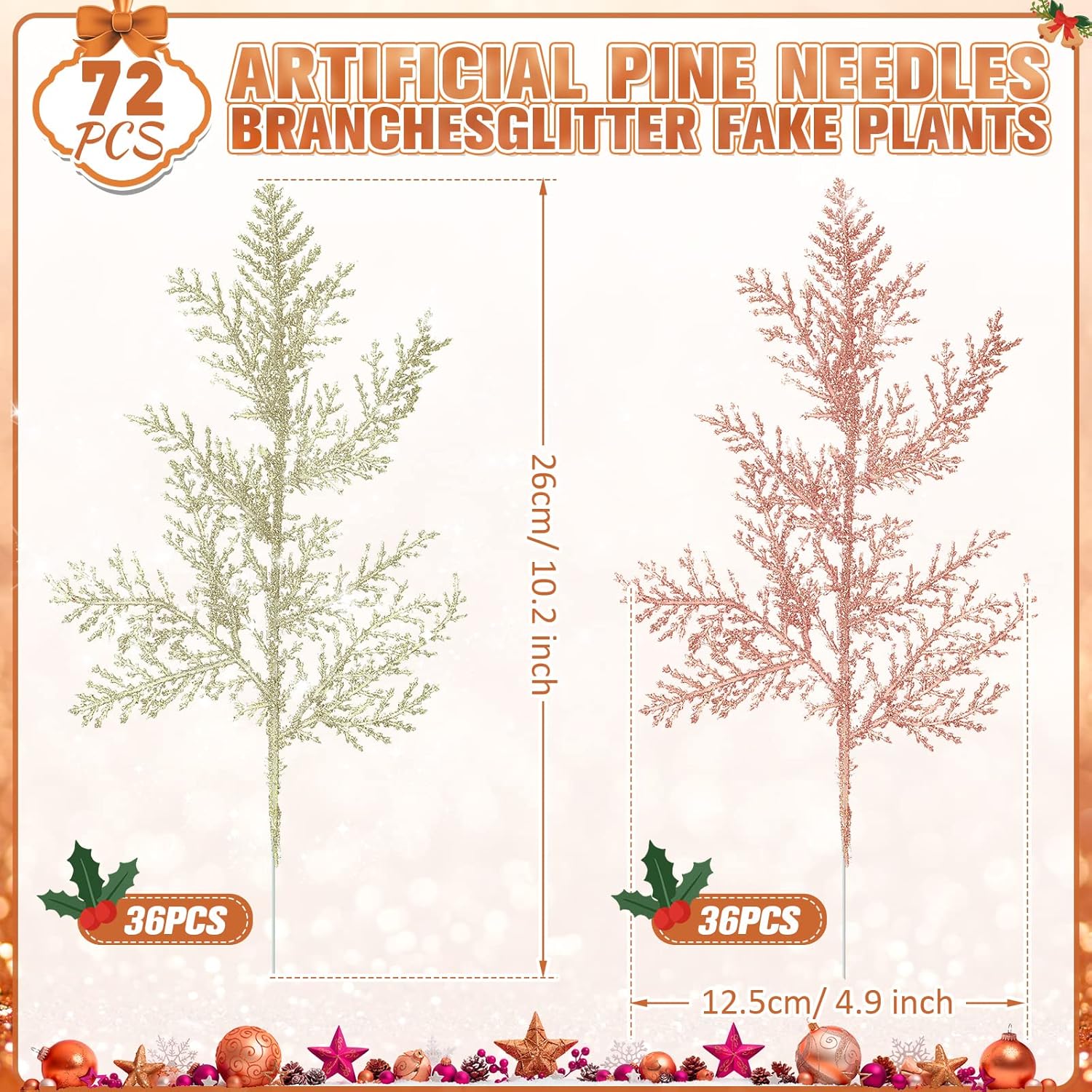 Waydress 72 agujas de pino artificiales de Navidad, ramas con purpurina, hojas pequeñas, ramas de pino de Navidad, flores falsas, para arreglos