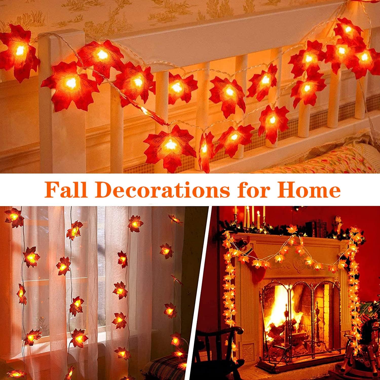 YEGUO 2 piezas de decoración de otoño para el hogar, total de 20 pies, 40 luces LED de hojas de arce con batería4 paquetes de 100 luces LED solares
