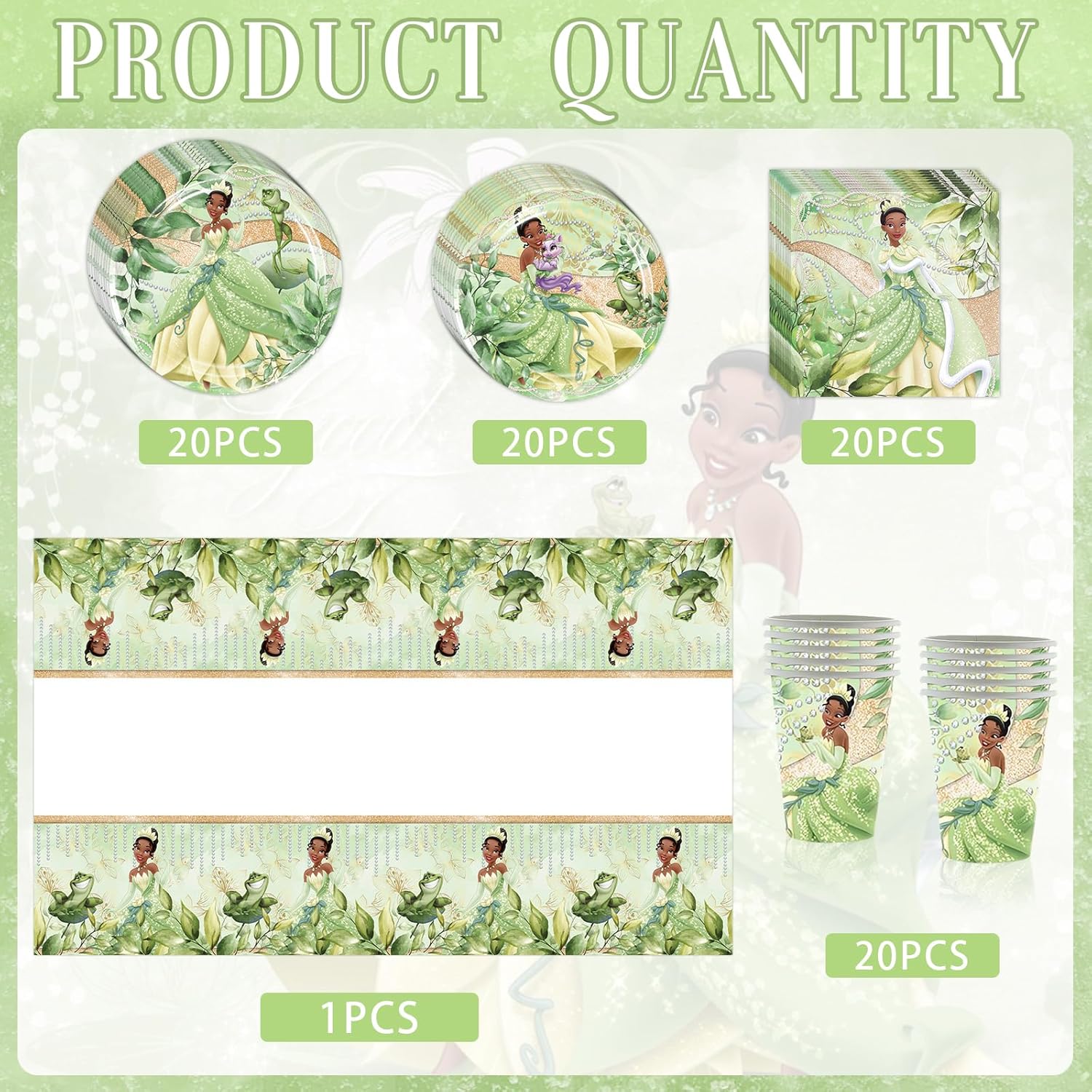 81 piezas de suministros para fiesta de cumpleaños Tiana, el juego de vajilla de princesa Tiana incluye 40 platos, 20 servilletas, 20 vasos de