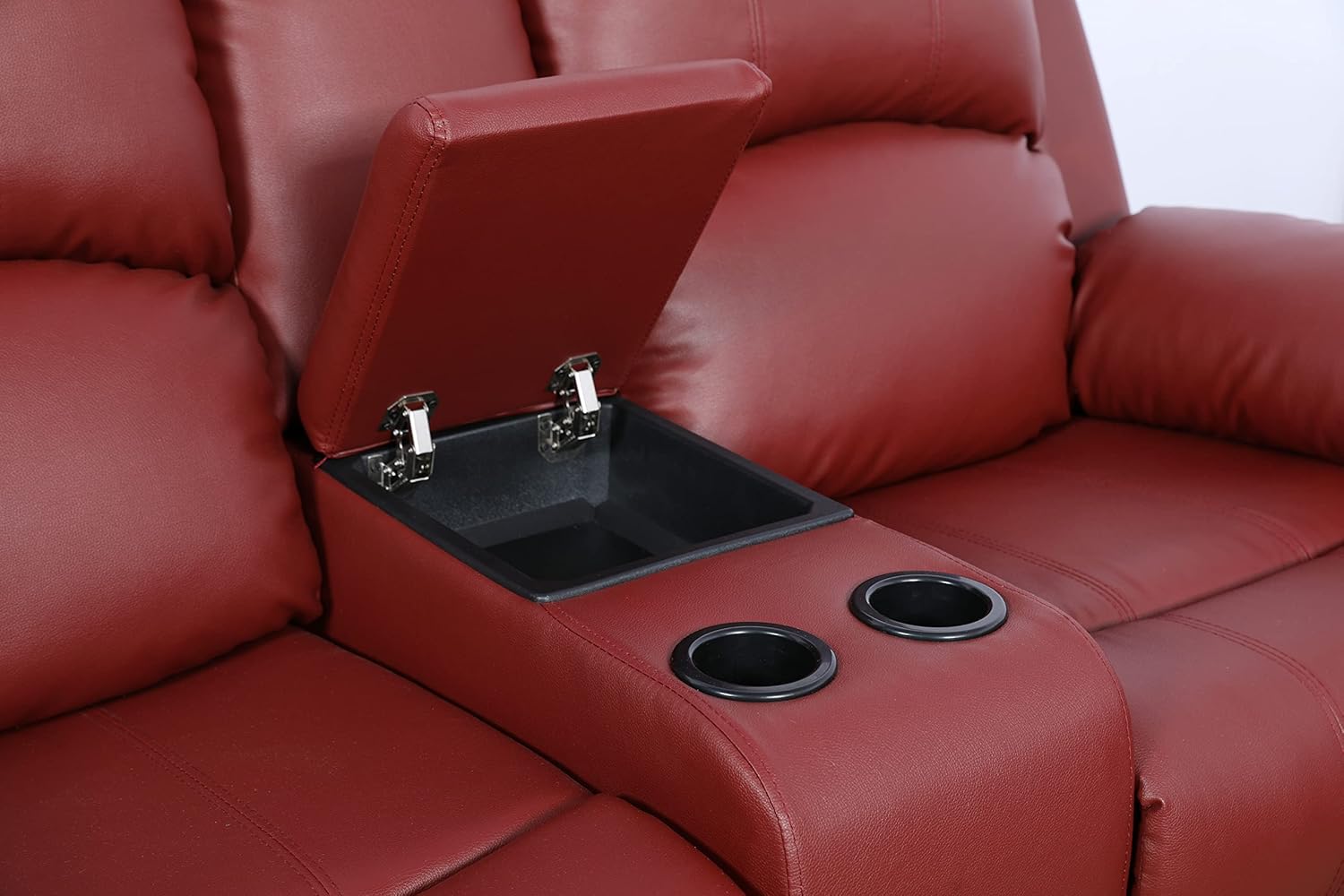GS28XX – Juego de sofá reclinable de 3 piezas, tapicería de cuero regenerado, manual con mesa desplegable y consola central (rojo, 3 piezas)