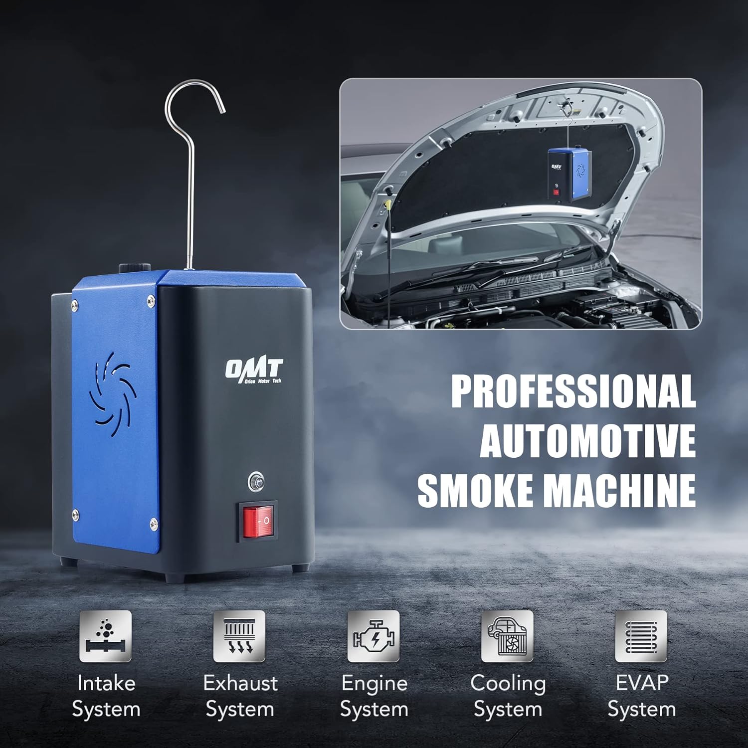 Orion Motor Tech Detector de fugas de humo OMT, máquina de humo automotriz con bolsa de aire de entrada de aceite mineral y 4 adaptadores de cono,