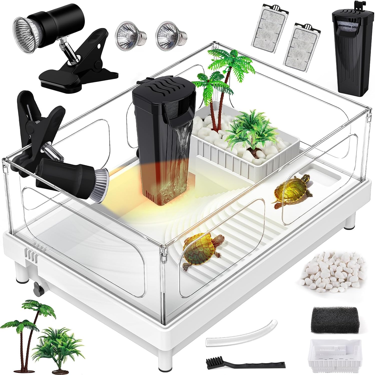 Kit de tanque de tortuga pequeño (tanque+luz+filtro), kit de iniciación de tanque de tortuga acrílico con plataforma para tomar el sol, drenaje