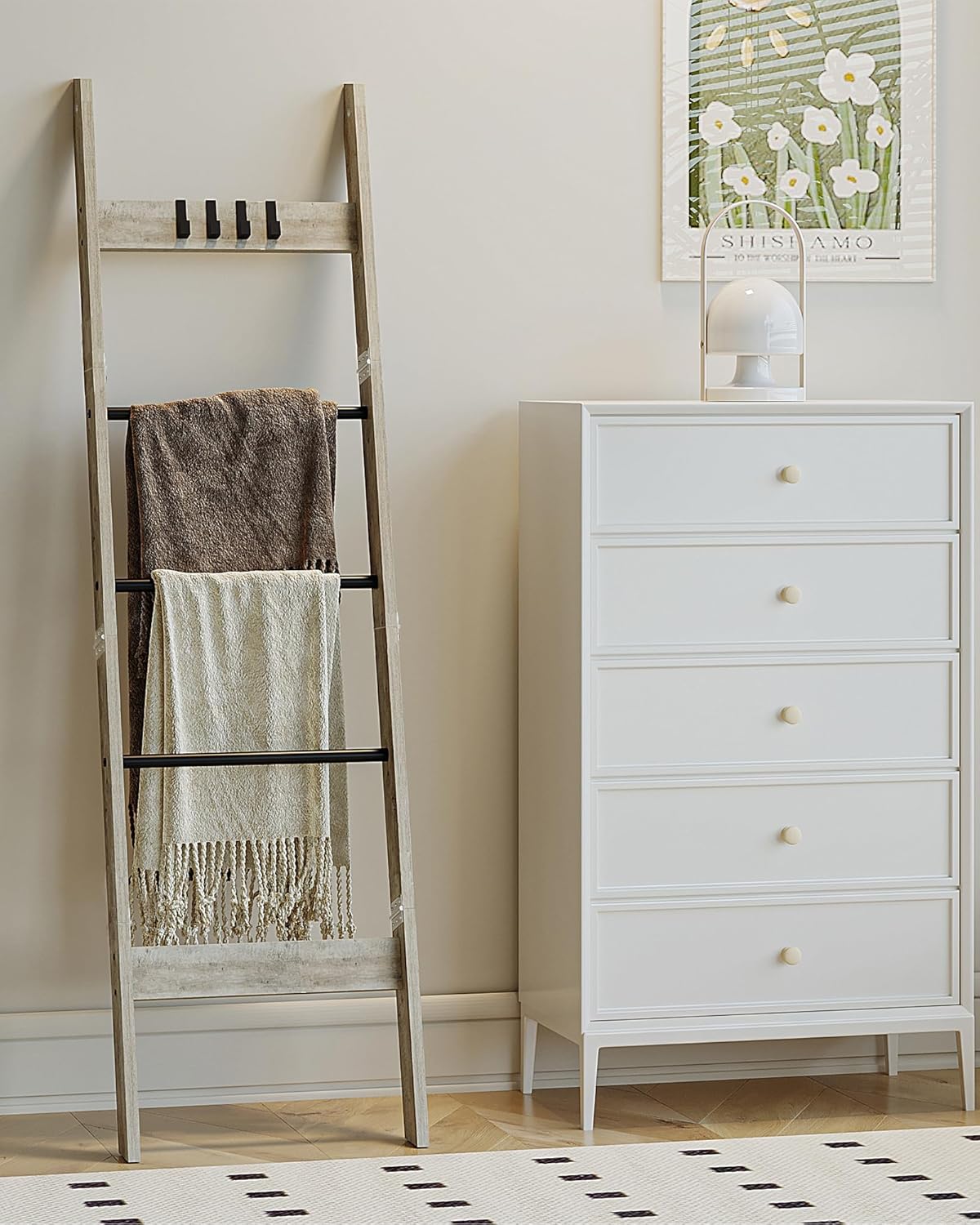 Escalera para manta, para dormitorio, estante decorativo de madera con 4 ganchos extraíbles, organizador de escalera de granja de 5 niveles para