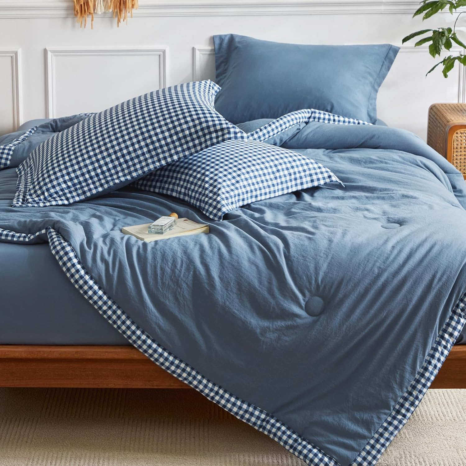 WARMDERN Juego de edredón de cuadros de búfalo tamaño King, juego de edredón ligero y suave, juego de ropa de cama tamaño King de 7 piezas con