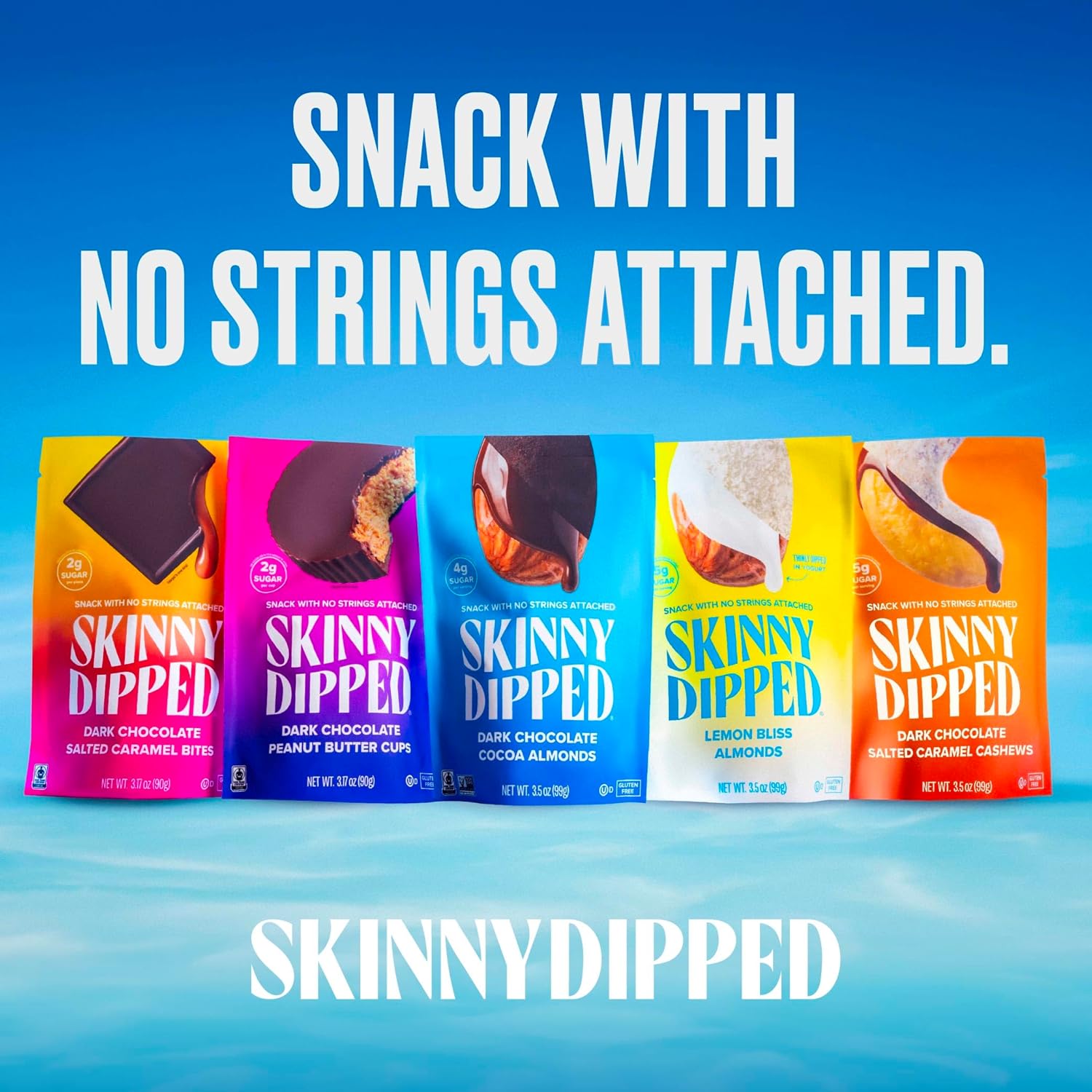 SkinnyDipped Almendras Mocha Splash, aperitivo saludable, proteína vegetal, sin gluten, bolsas resellables de 3.5 onzas, paquete de 5