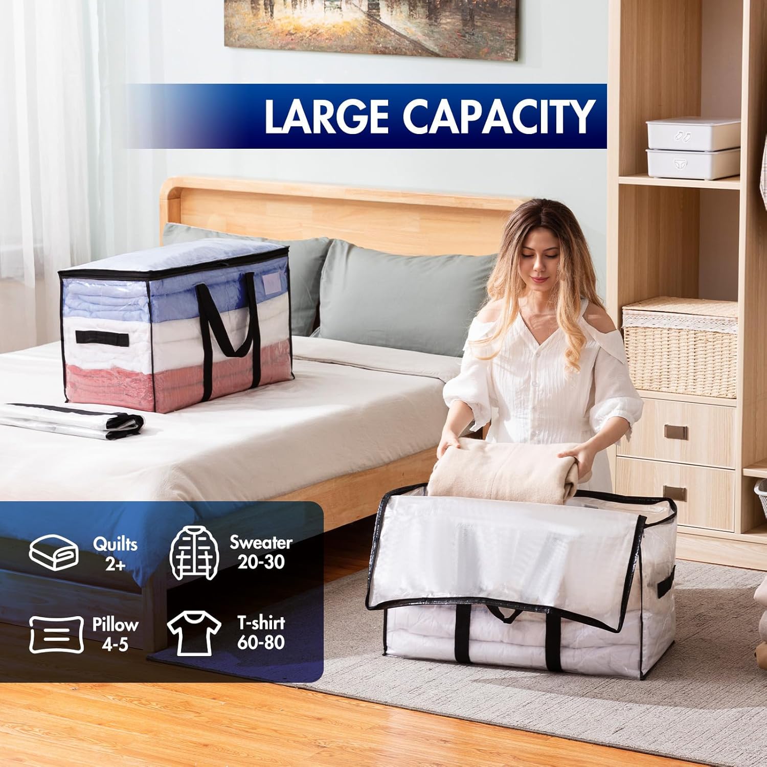 TAILI Bolsas de mudanza extra grandes, paquete de 4 bolsas transparentes resistentes para almacenamiento, asas envolventes, bolsas de almacenamiento