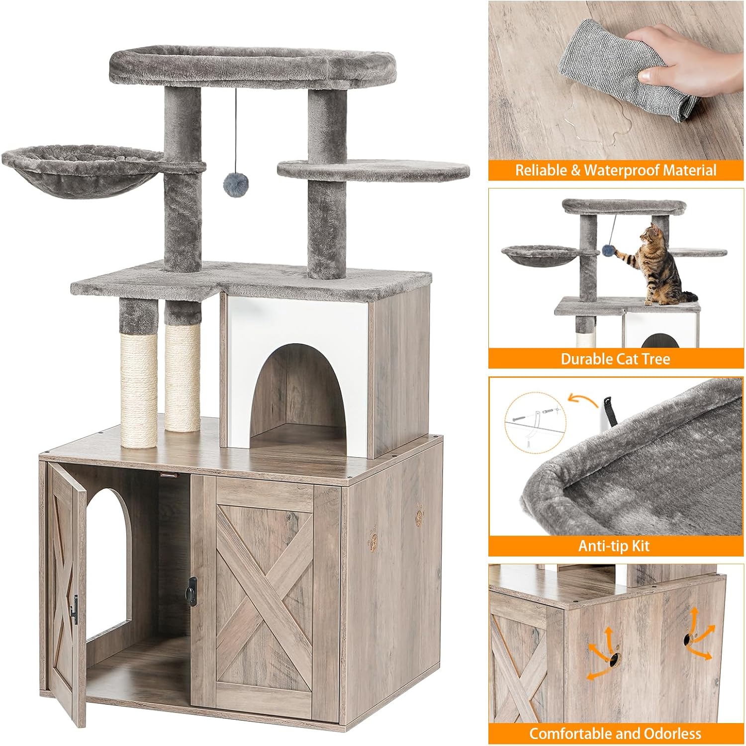Snughome Caja de arena para gatos con torre de árbol para gatos y condominio, muebles ocultos para baño para gatos con poste rascador de sisal y