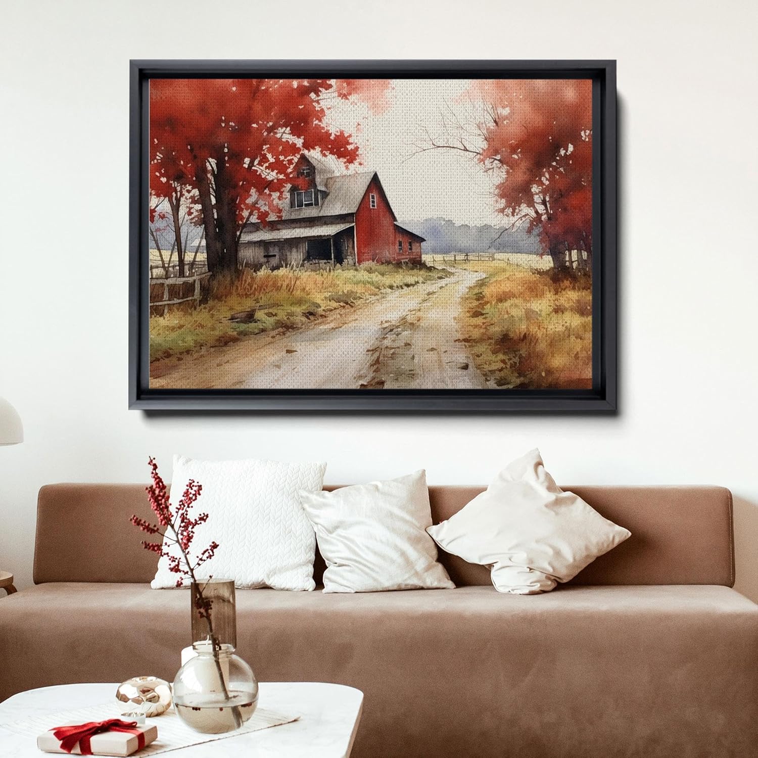 Farmhouse Red Barn Wall Art – Country Landscape with Flowers in Watercolor – Museum Quality Canvas or Art Print