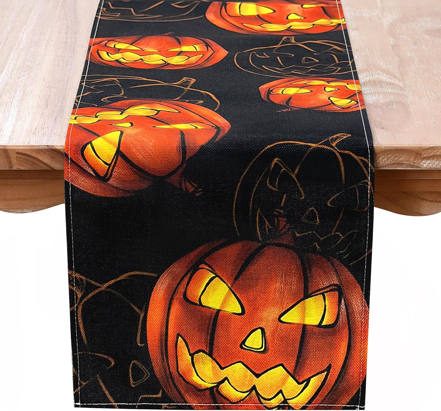 Camino de mesa de Feliz Halloween, camino rectangular negro y naranja con calabaza malvada para decoración de mesa de comedor o decoración de fiesta