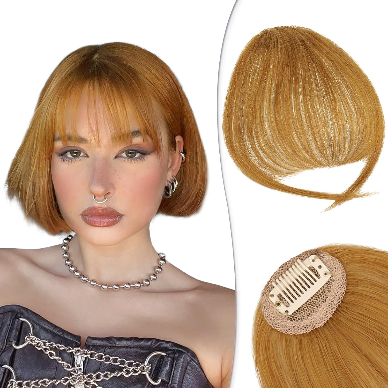 RUWISS Flequillo con clip, extensiones de cabello humano real con fleco de sien, extensiones de cabello con clip, para mujer, para uso diario (rubio)